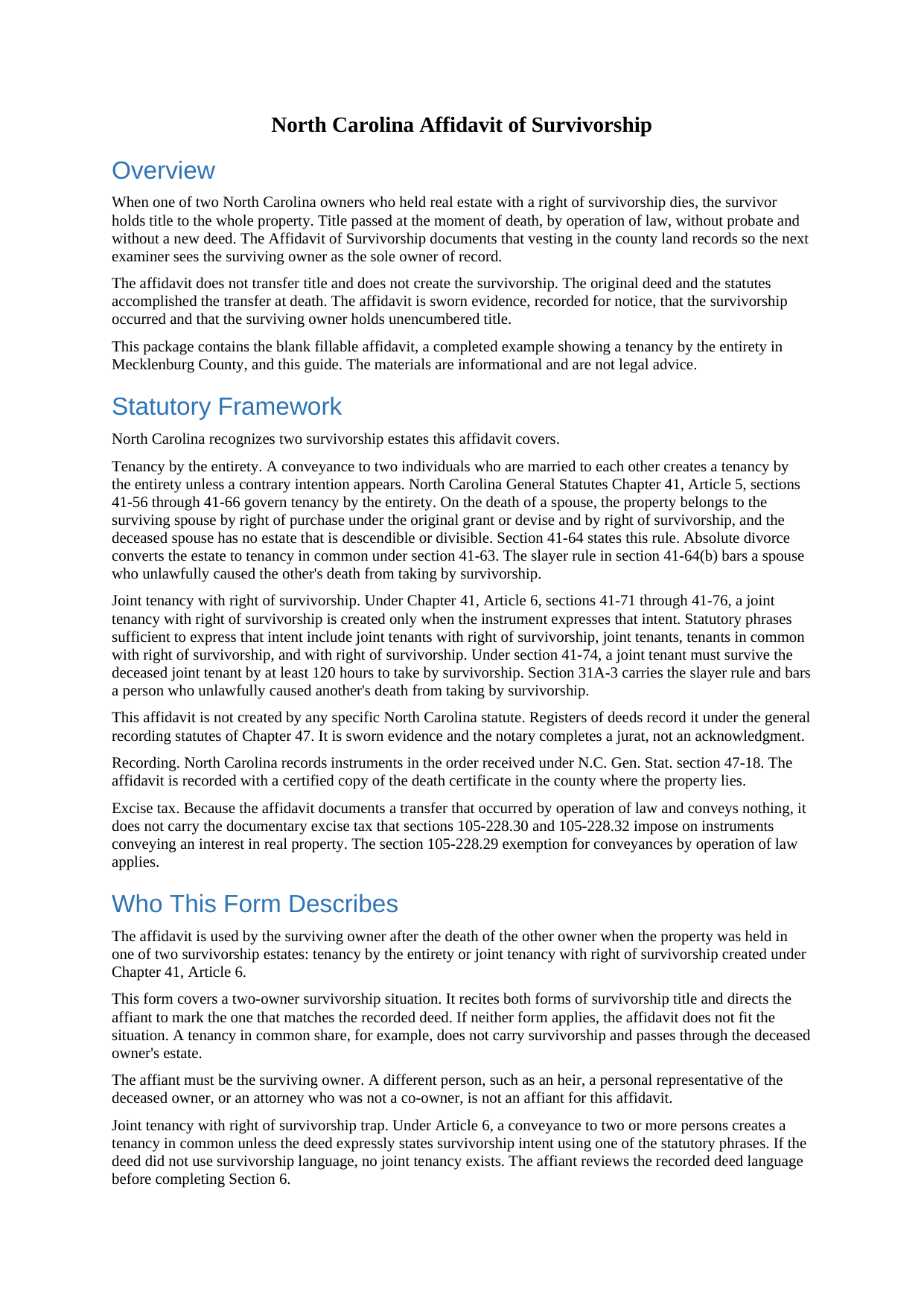 Haywood County Affidavit of Survivorship (Tenancy by the Entirety or Joint Tenancy with Right of Survivorship) Guide