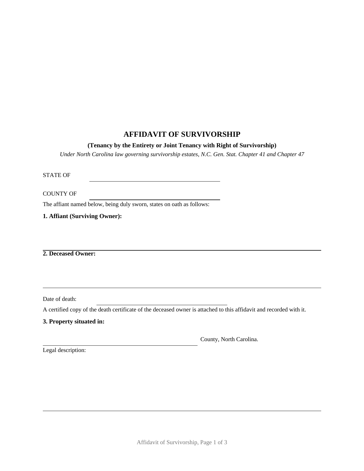 Haywood County Affidavit of Survivorship (Tenancy by the Entirety or Joint Tenancy with Right of Survivorship) Form