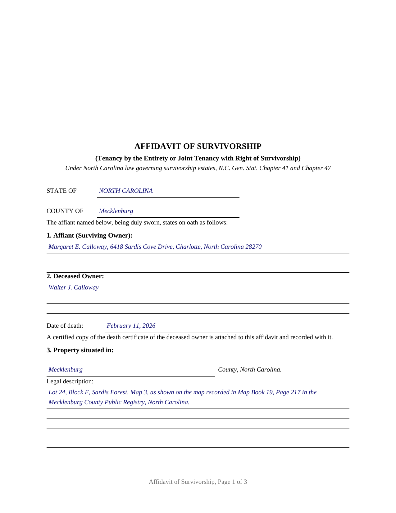 Haywood County Completed Example of the Affidavit of Survivorship (Tenancy by the Entirety or Joint Tenancy with Right of Survivorship) Document