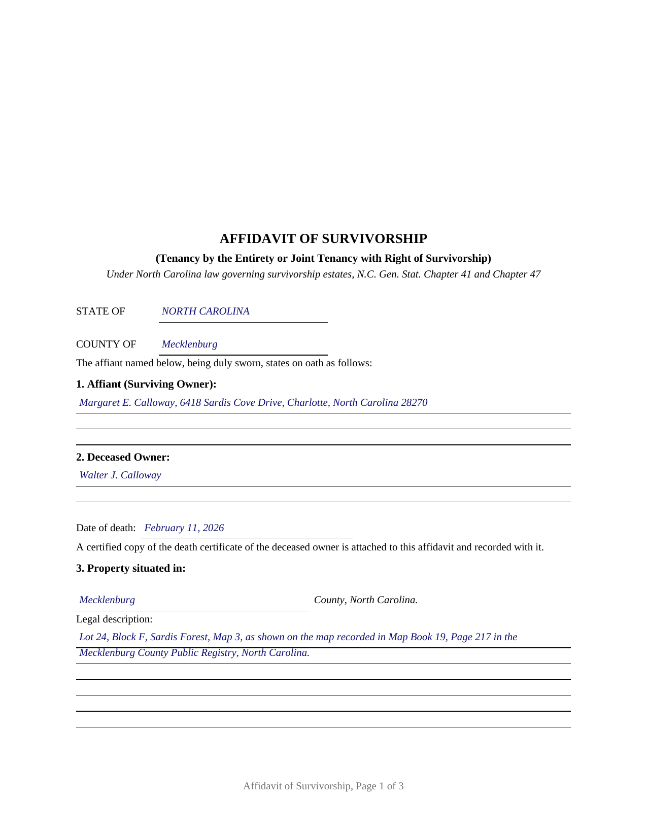 Rutherford County Completed Example of the Affidavit of Survivorship (Tenancy by the Entirety or Joint Tenancy with Right of Survivorship) Document