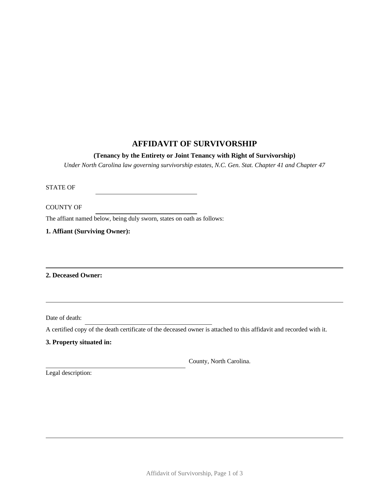 Rutherford County Affidavit of Survivorship (Tenancy by the Entirety or Joint Tenancy with Right of Survivorship) Form
