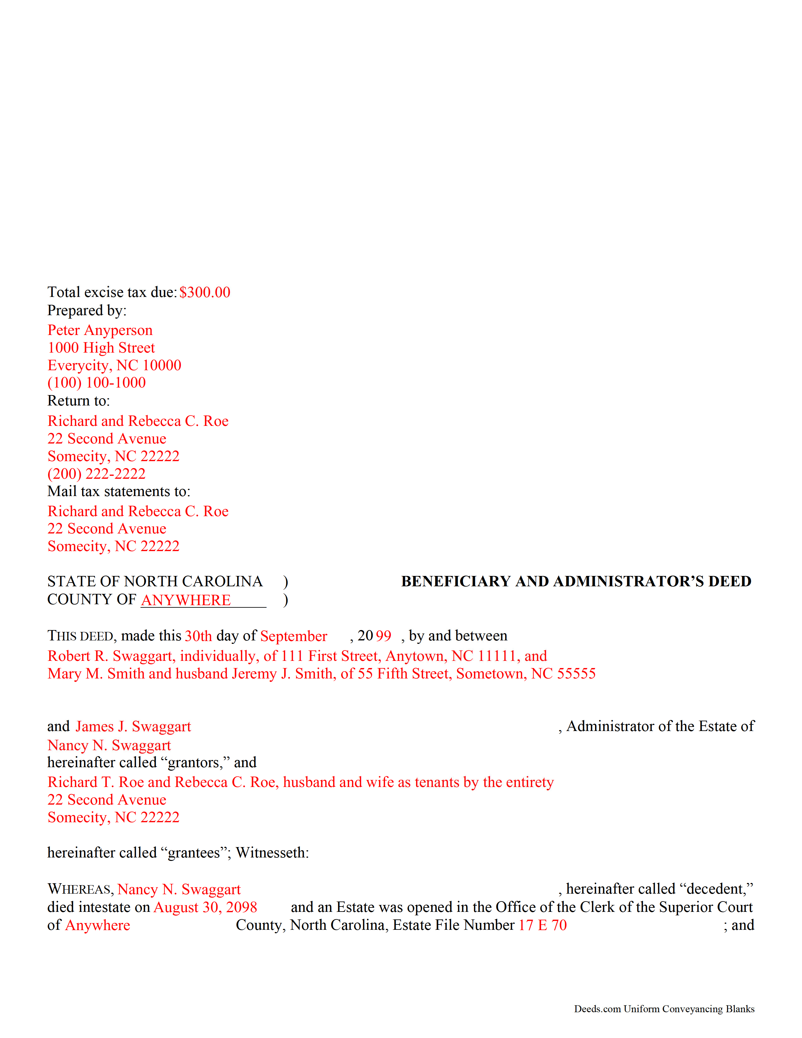 Caswell County Completed Example of the Beneficiary and Administrator Deed Document