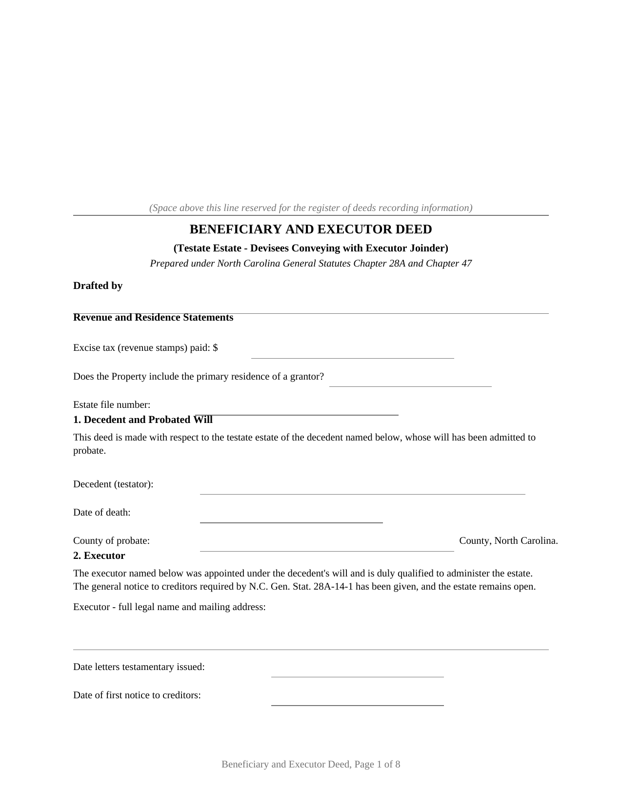 Harnett County Beneficiary and Executor Deed Form