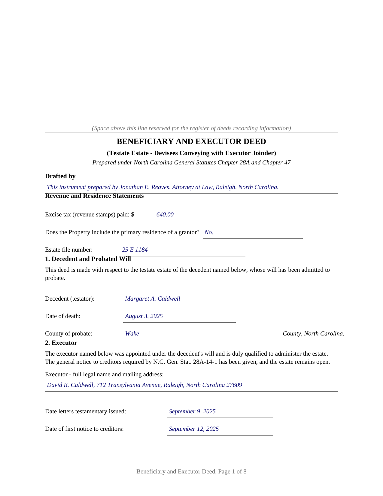 Harnett County Completed Example of the Beneficiary and Executor Deed Document