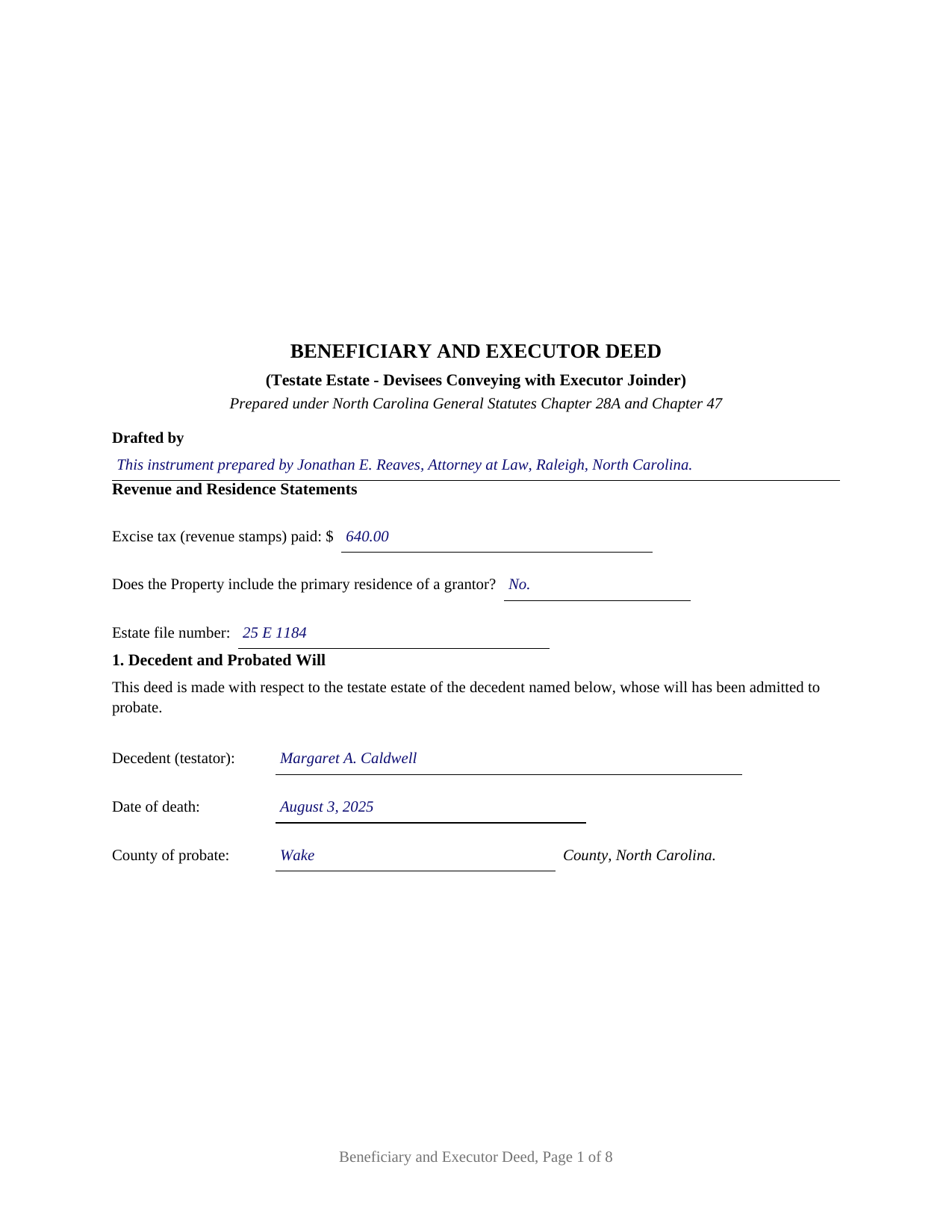 Stokes County Completed Example of the Beneficiary and Executor Deed Document