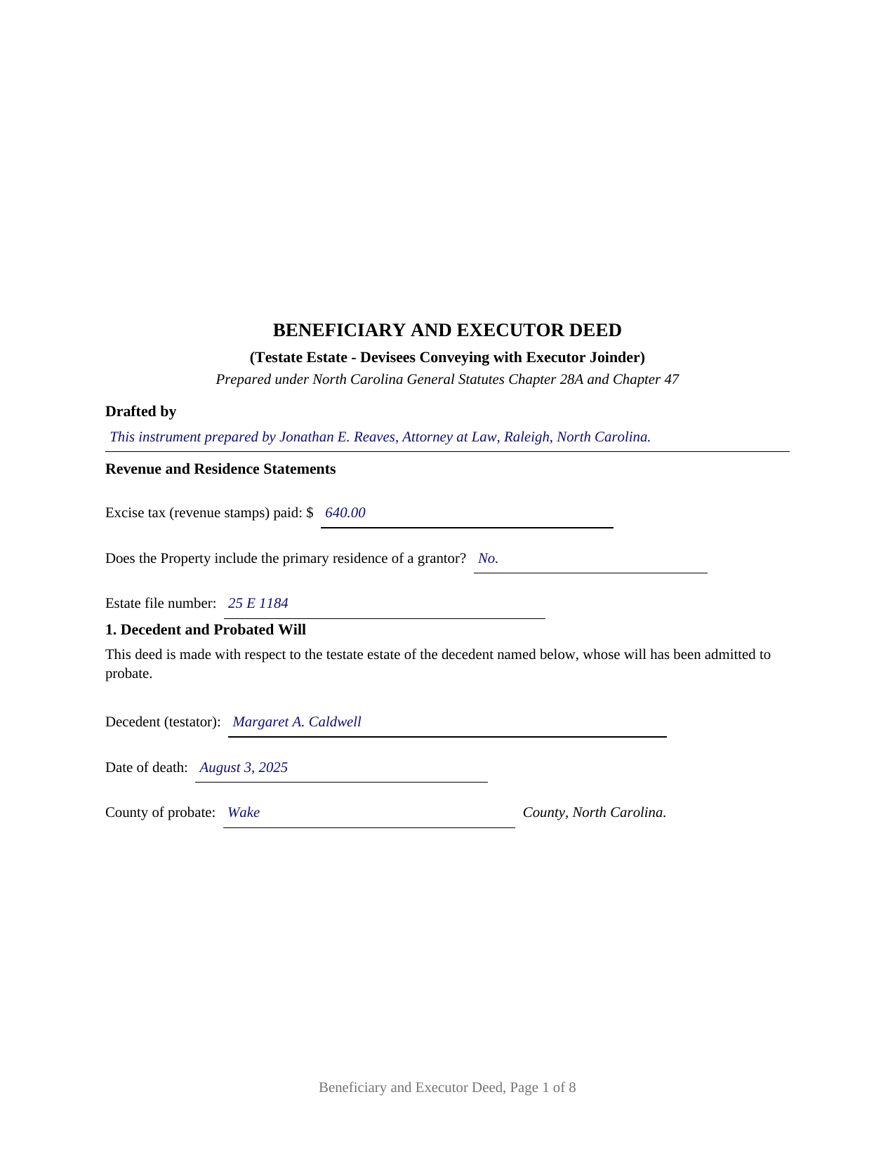 Watauga County Completed Example of the Beneficiary and Executor Deed Document
