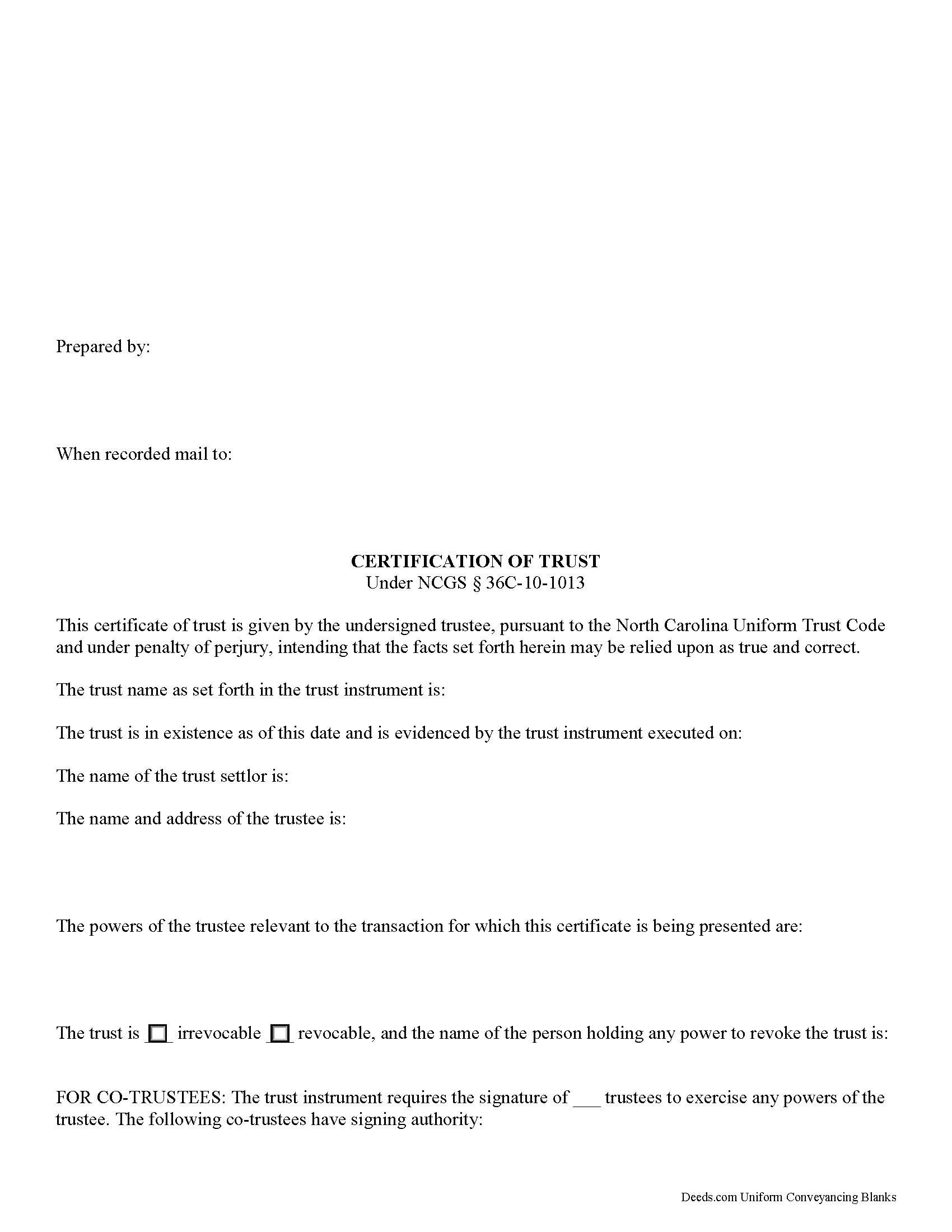 Certificate of Trust Form