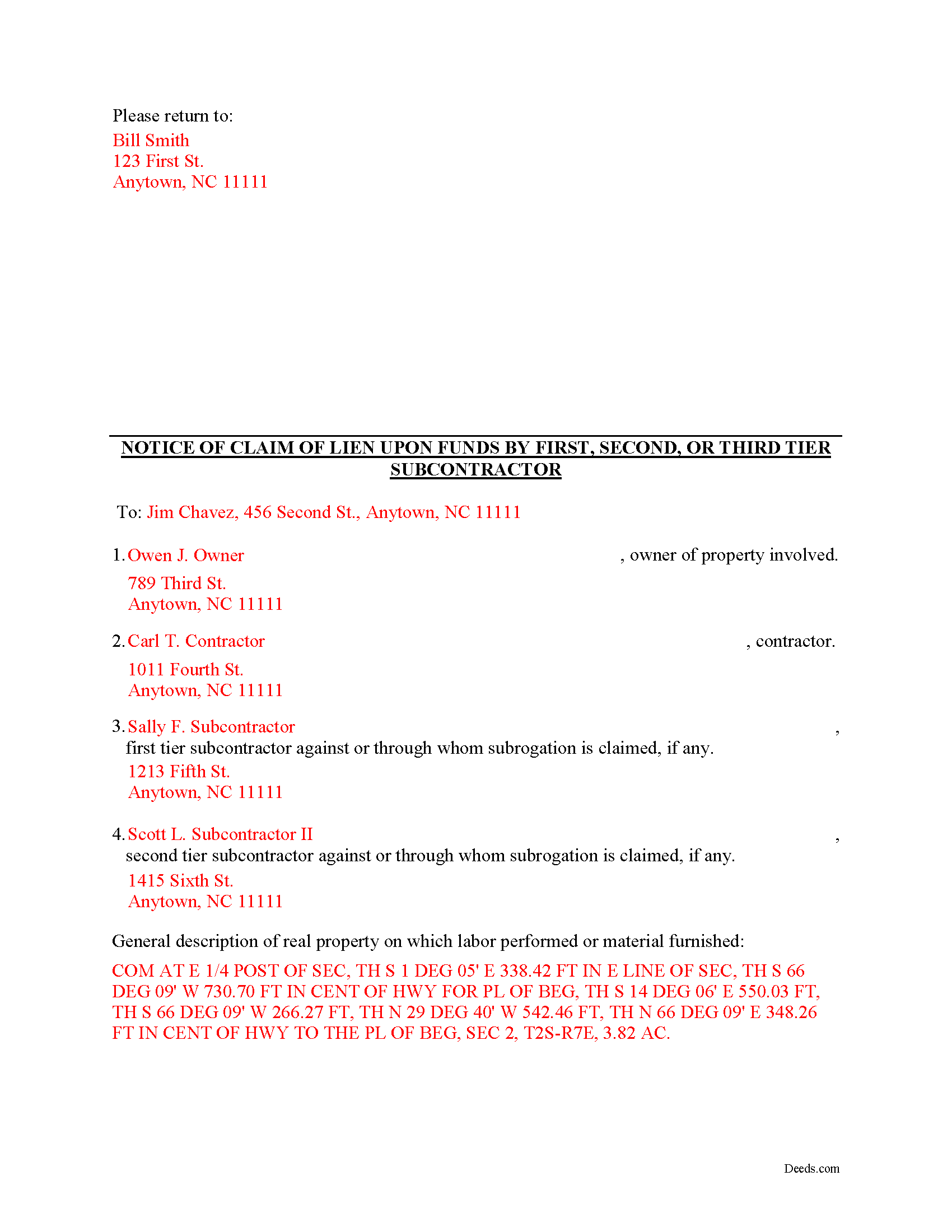 Completed Example of the Claim of Lien Against Construction Funds Document