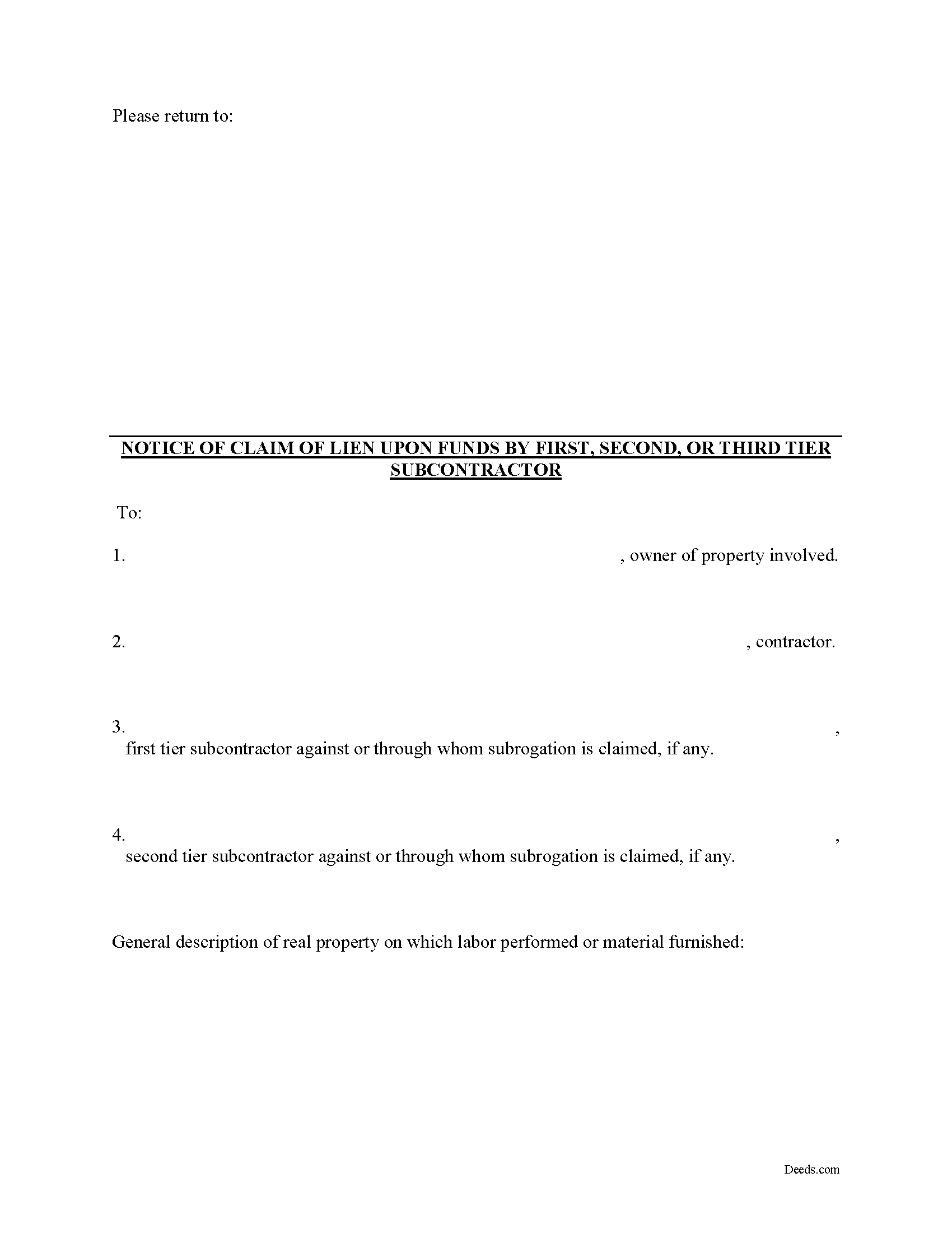 Claim of Lien Against Construction Funds Form