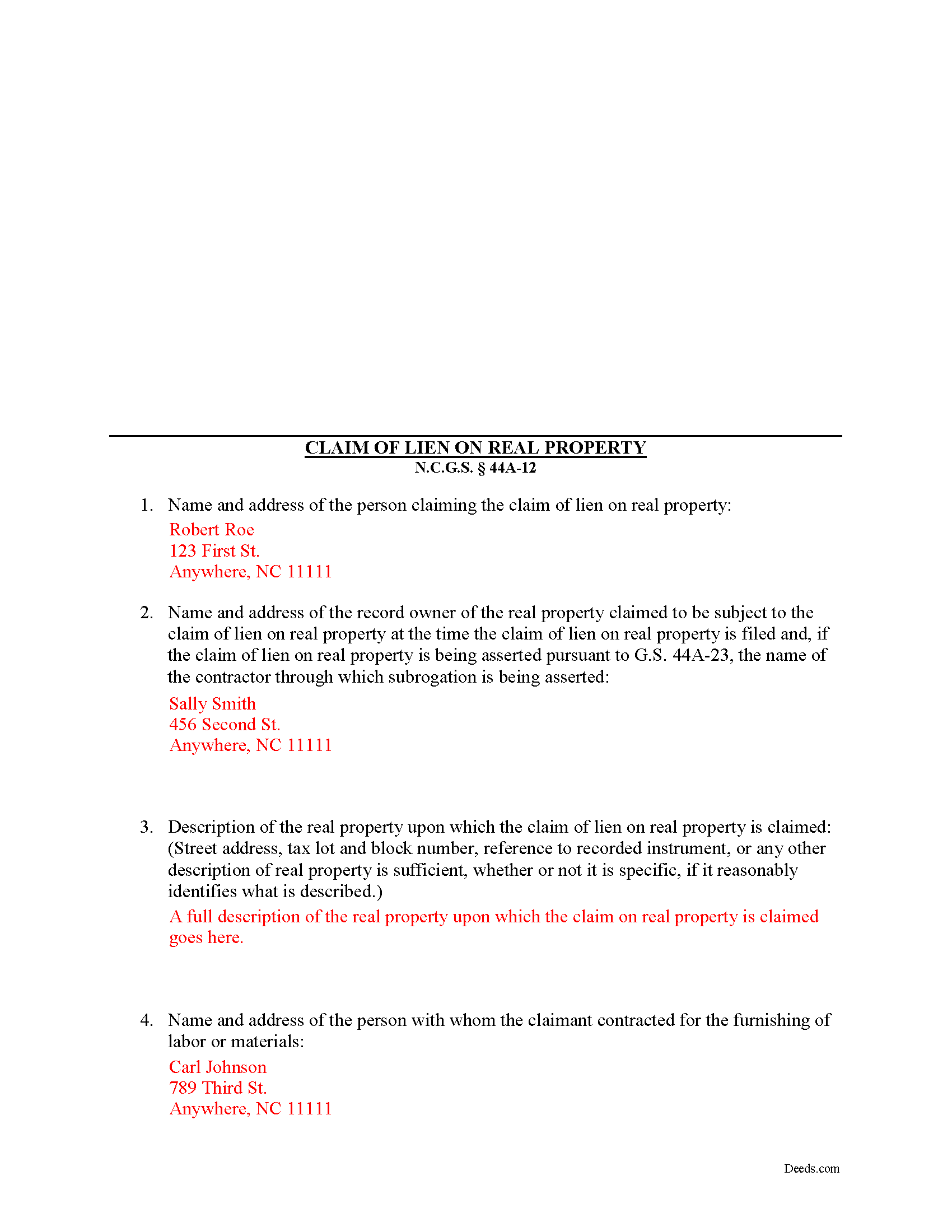 Completed Example of the Claim of Mechanics Lien Document
