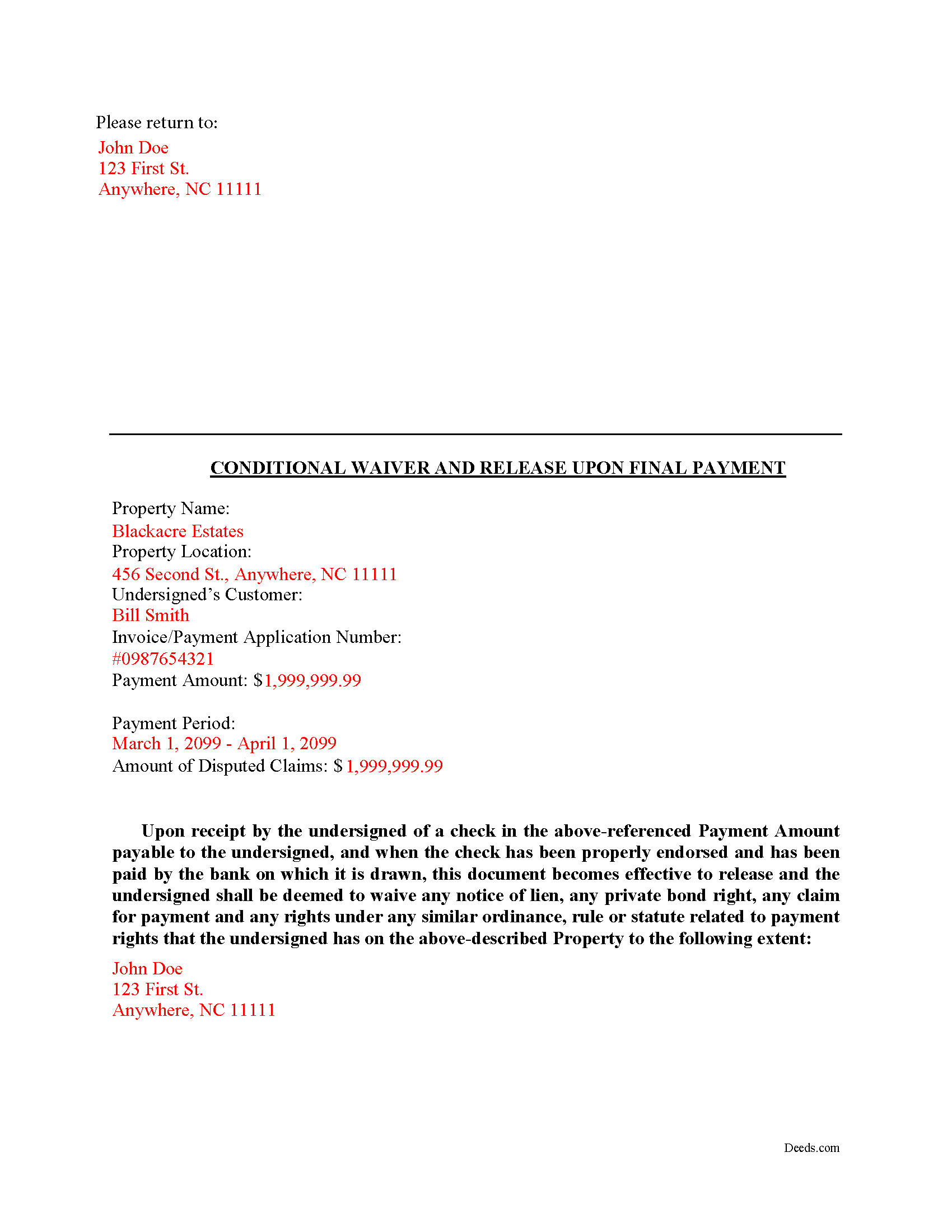 Completed Example of the Conditional Waiver on Final Payment Document