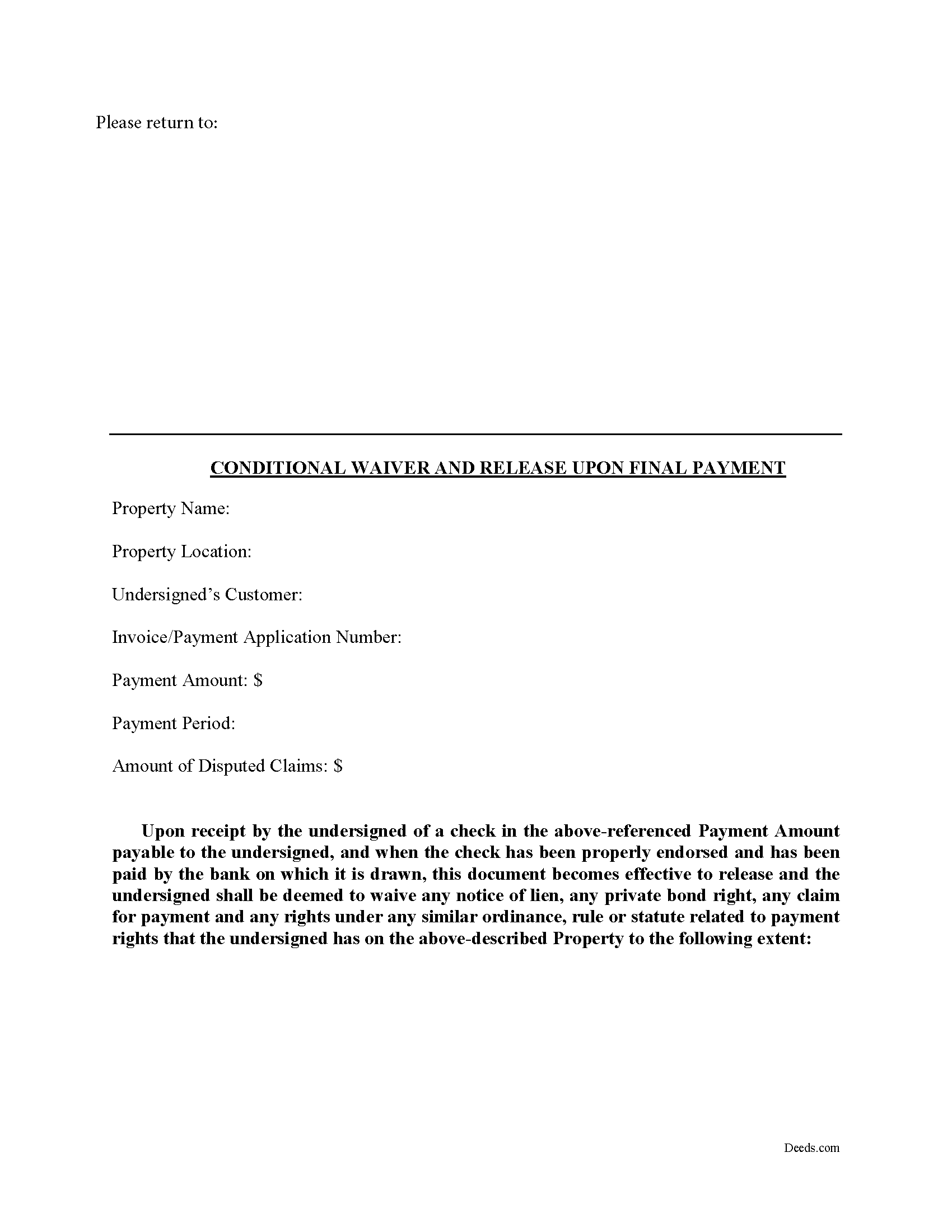 Conditional Waiver on Final Payment Form