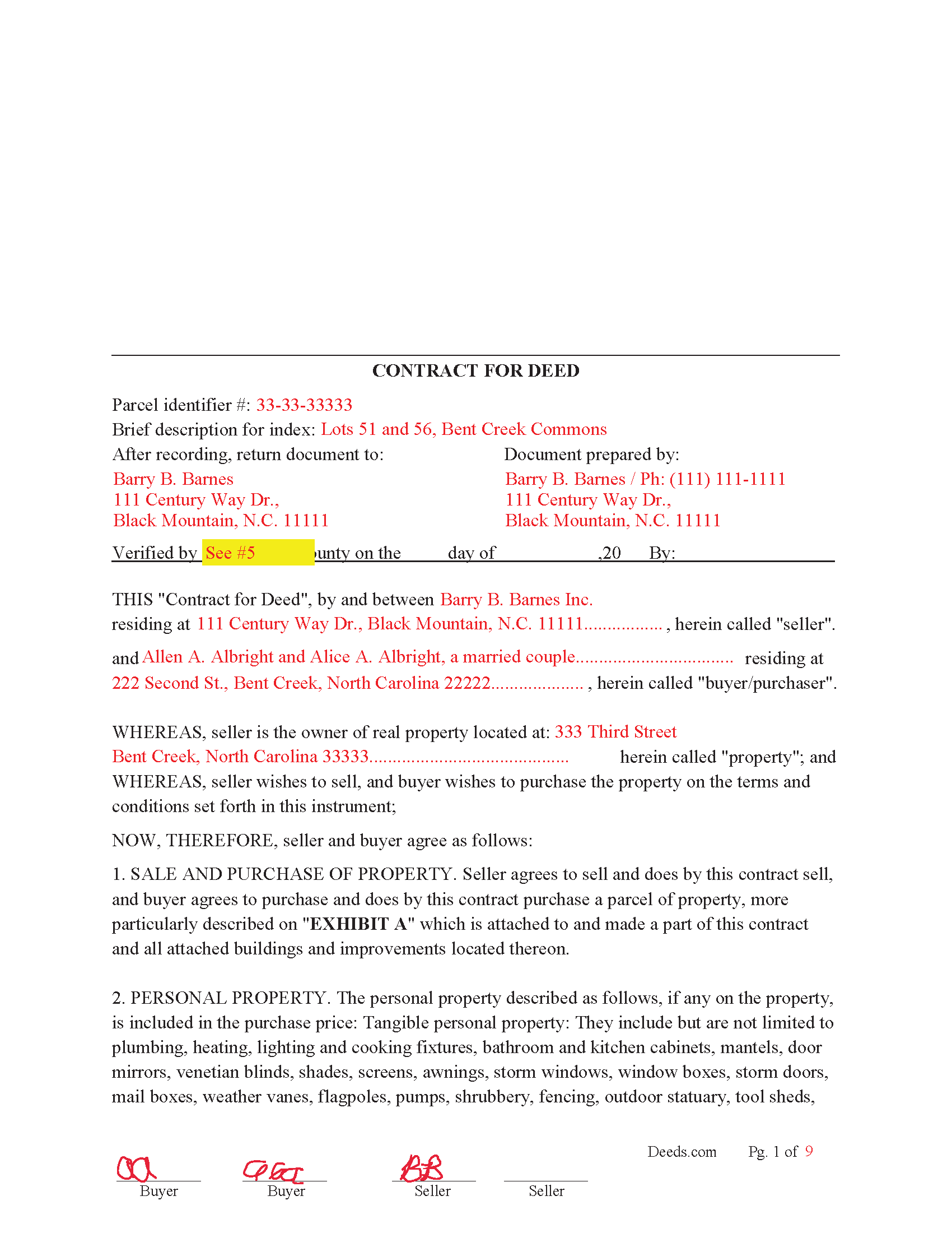 Iredell County Completed Example of the Contract for Deed