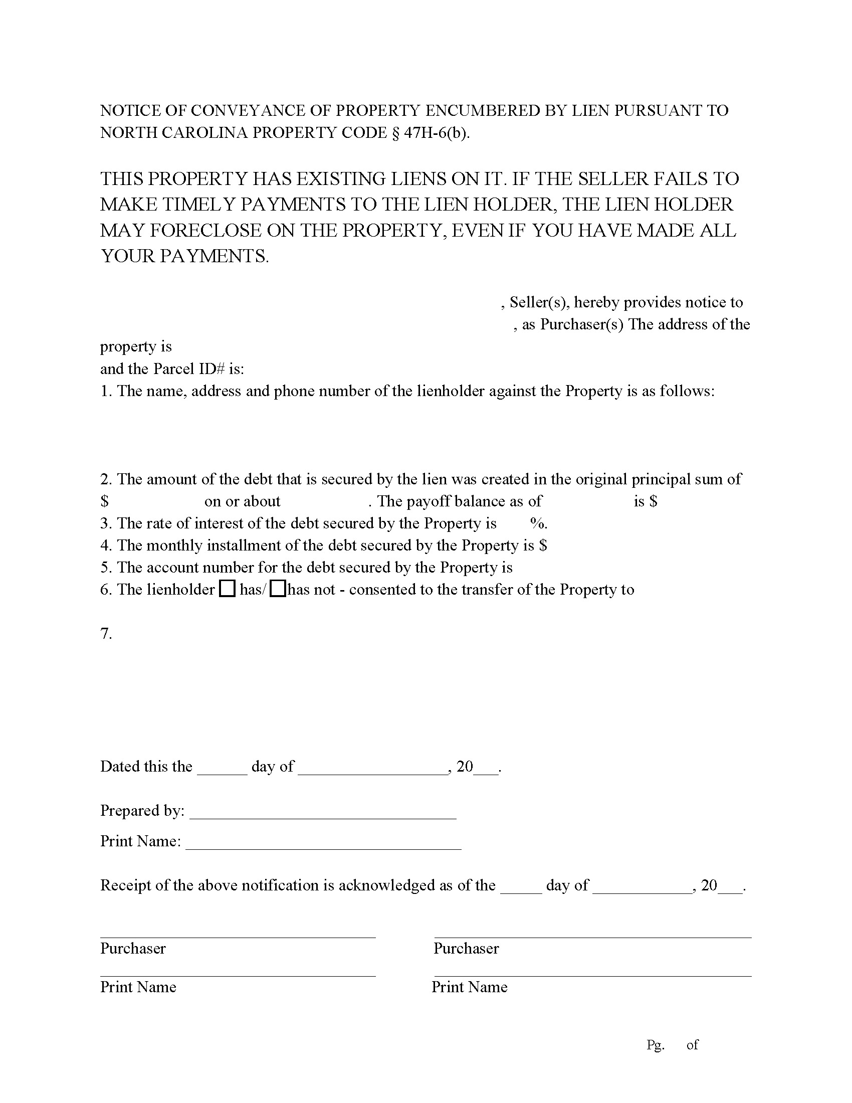 Iredell County Notice of Liens Form