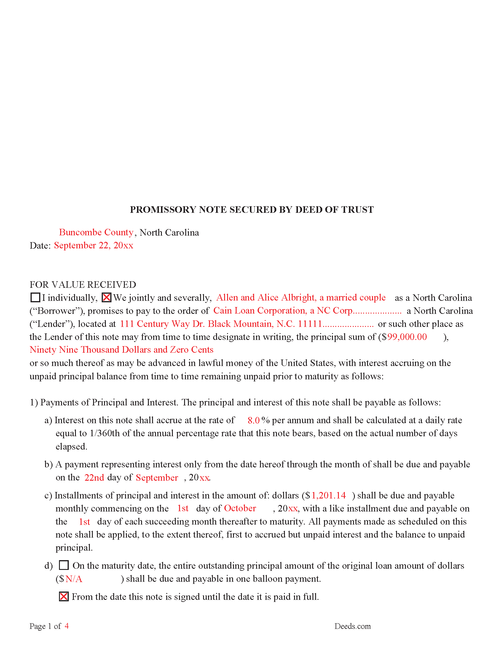 Completed Example of the Promissory Note Document