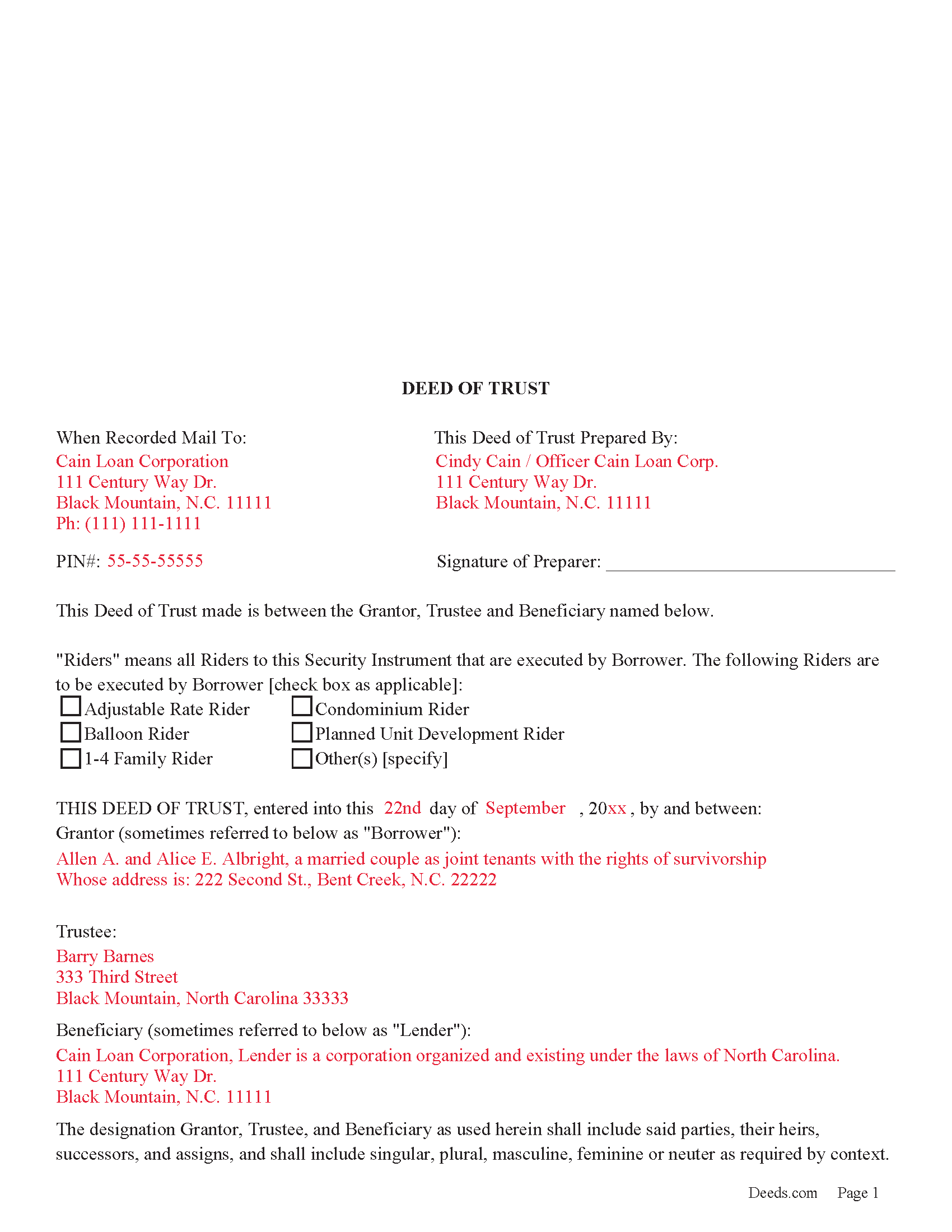 Completed Example of the Deed of Trust Document