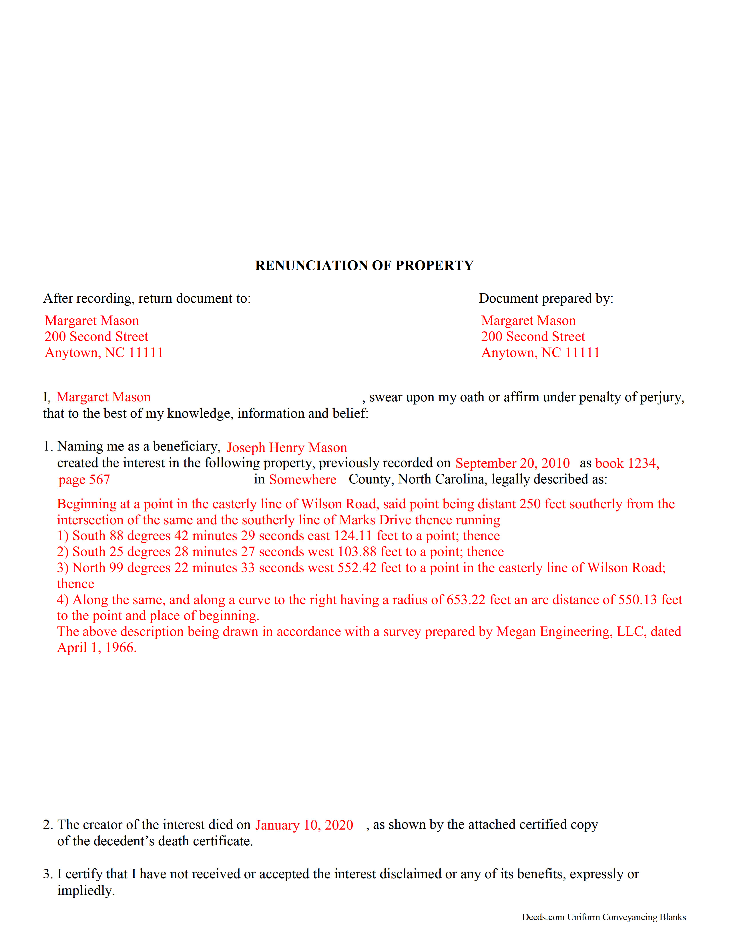 Completed Example of the Disclaimer of Interest Form