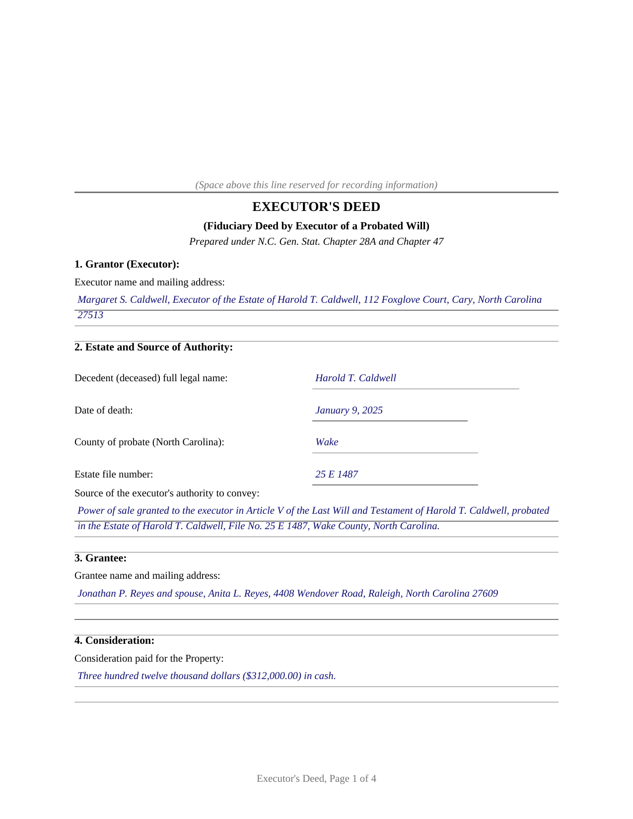 Sampson County Completed Example of the Executors Deed Document