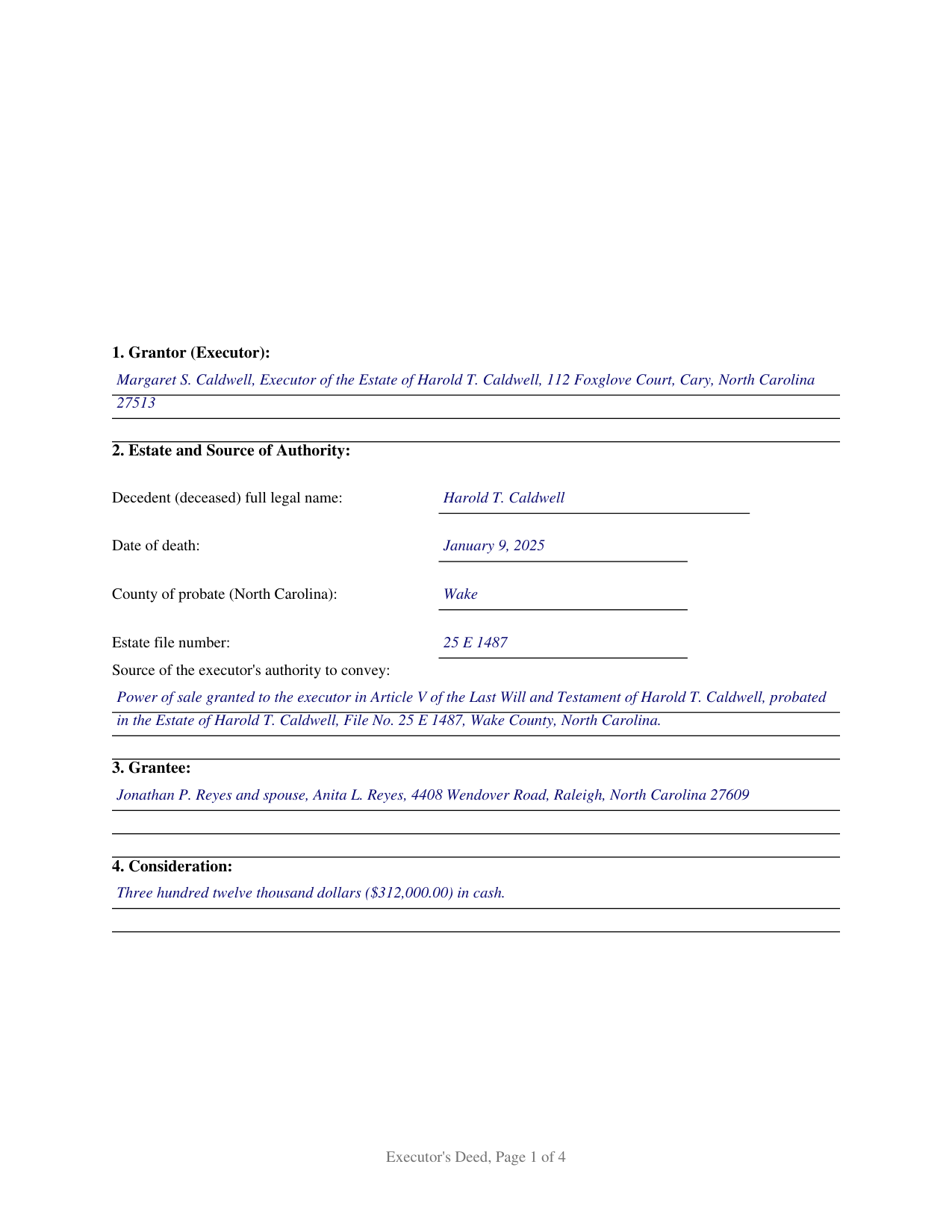 Haywood County Completed Example of the Executors Deed Document