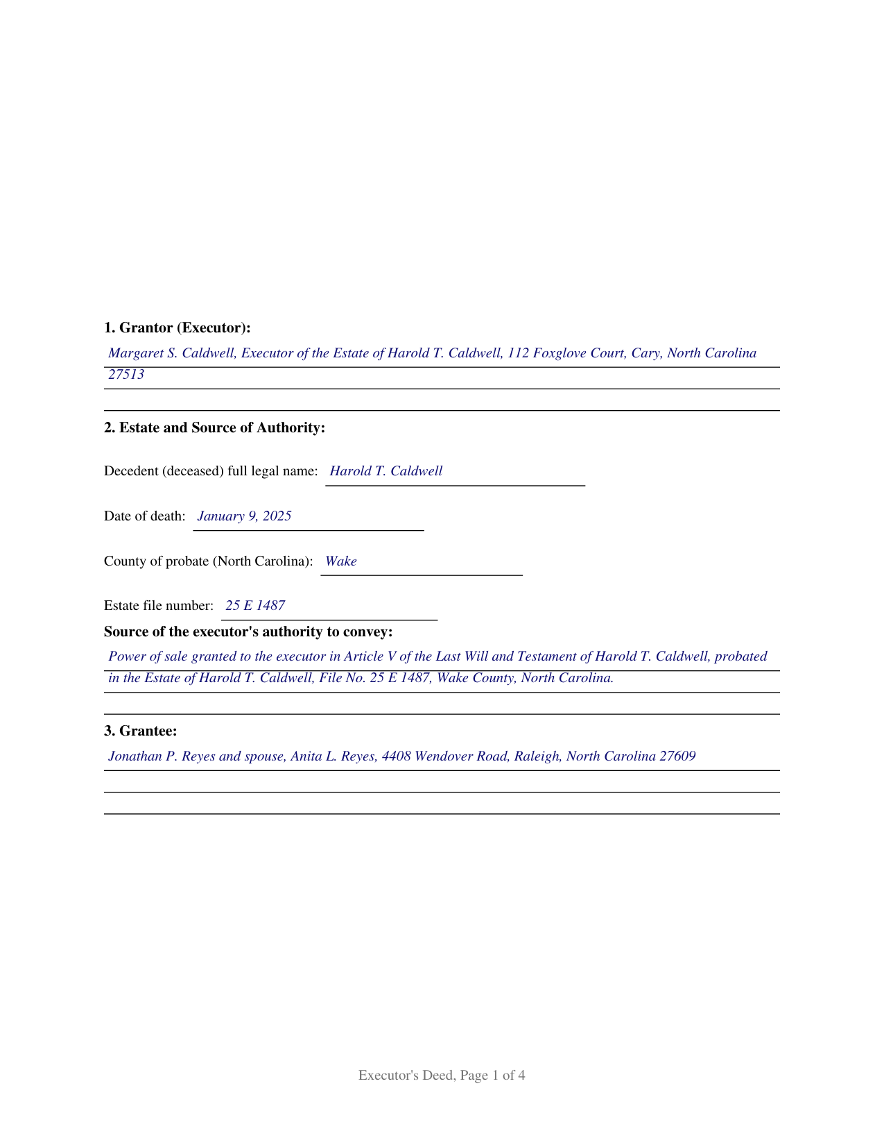 Rutherford County Completed Example of the Executors Deed Document