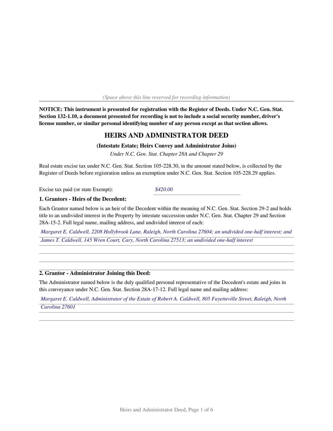 Sampson County Completed Example of the Heirs and Administrator Deed Document