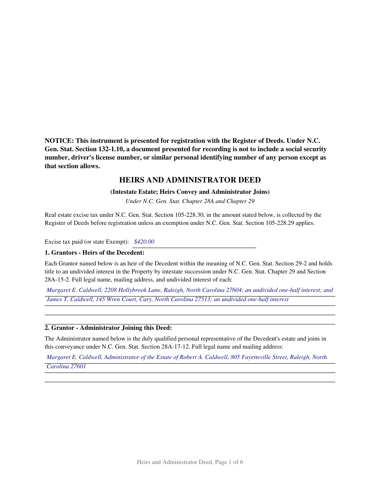 Haywood County Completed Example of the Heirs and Administrator Deed Document