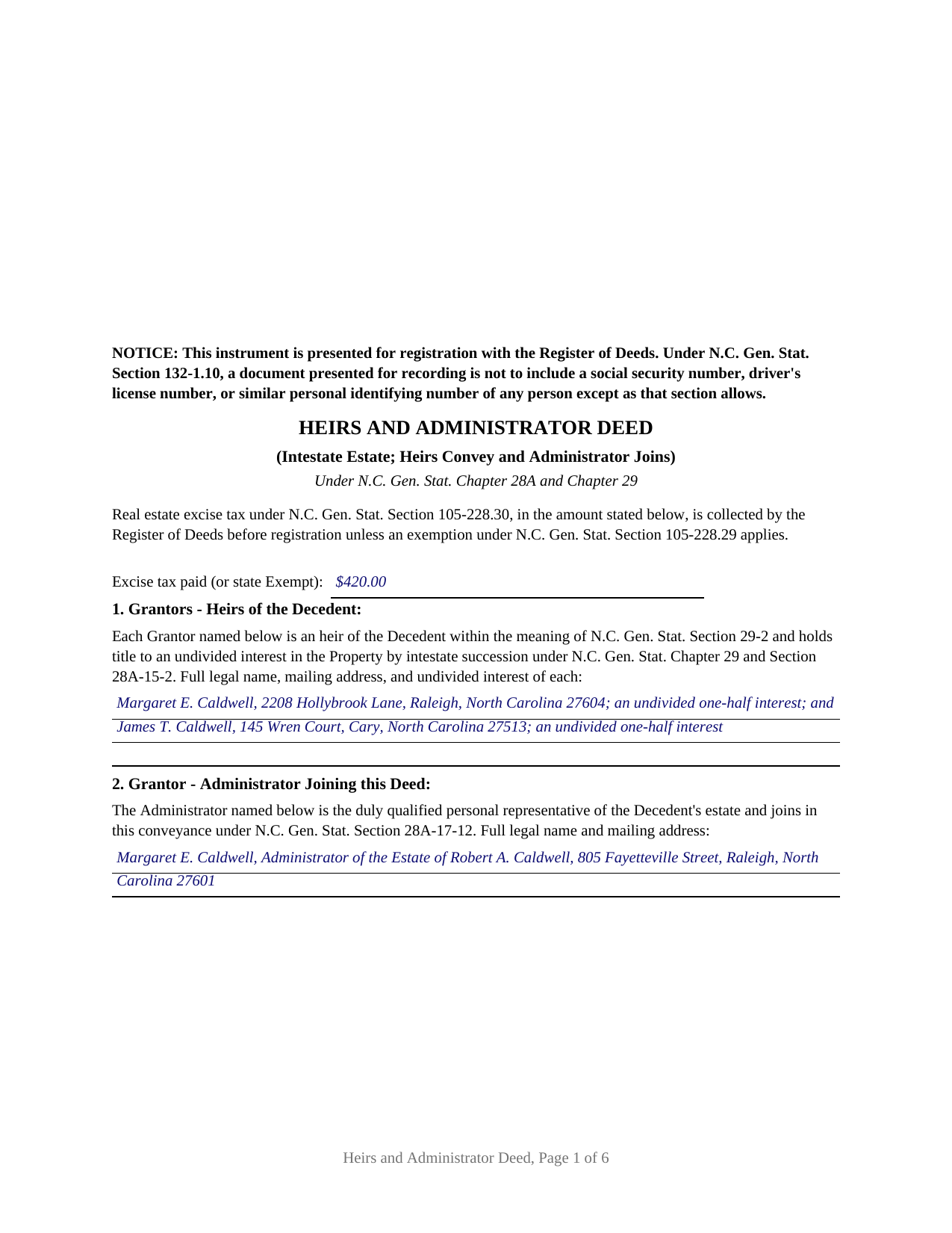 Rutherford County Completed Example of the Heirs and Administrator Deed Document