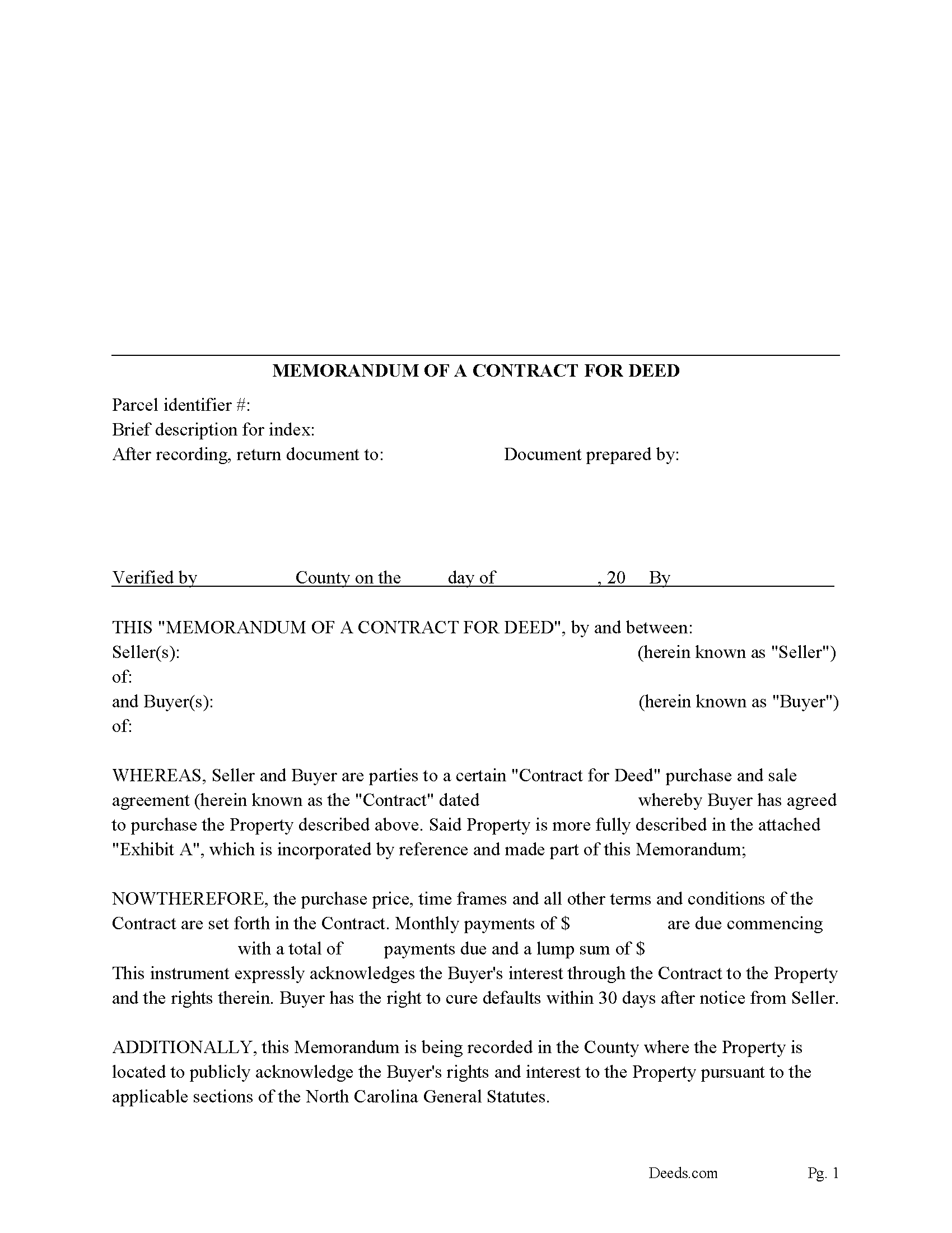 Memorandum of a Contract for Deed Form