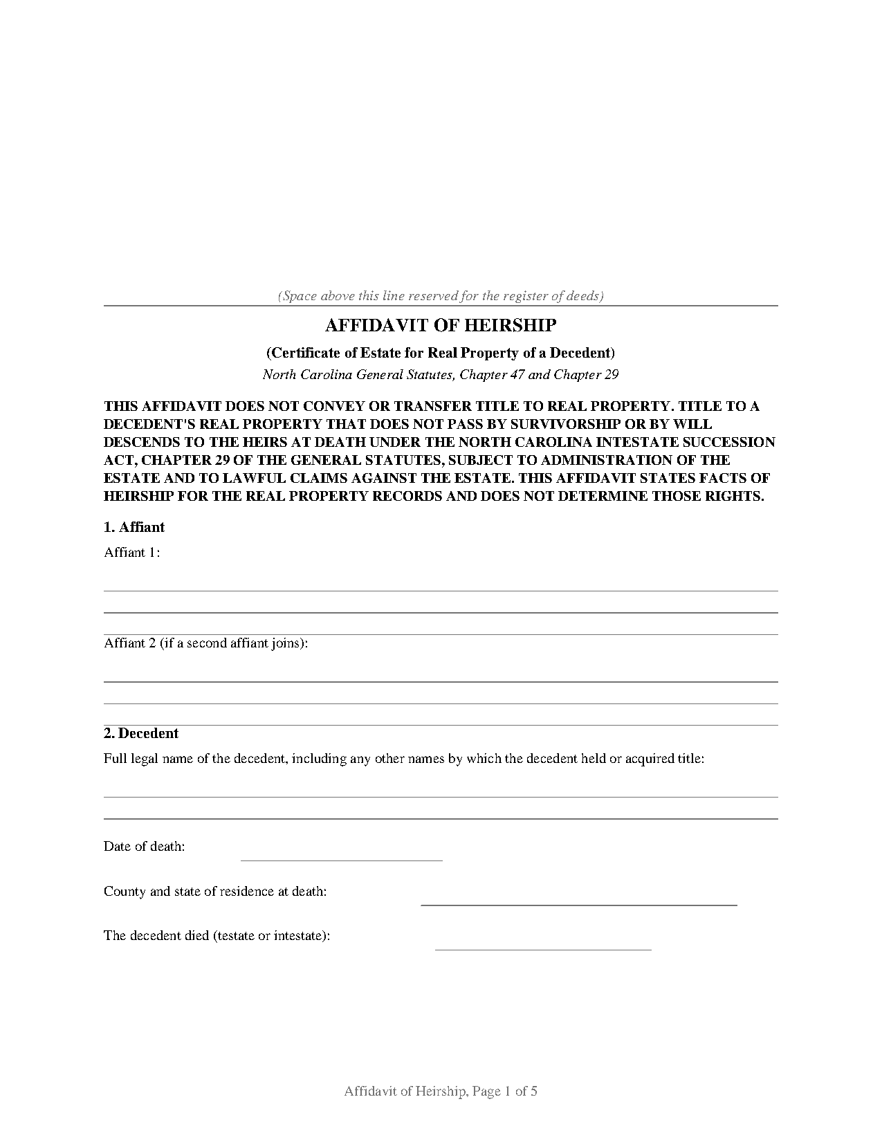 North Carolina Affidavit of Heirship (Certificate of Estate)