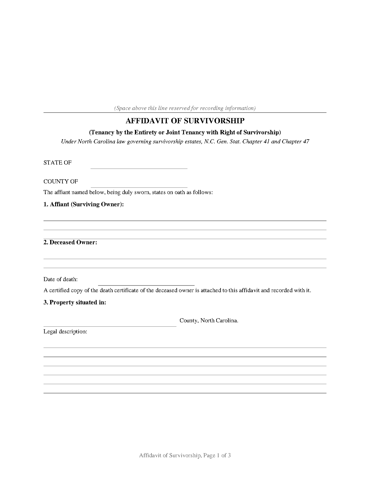 North Carolina Affidavit of Survivorship (Tenancy by the Entirety or Joint Tenancy with Right of Survivorship)