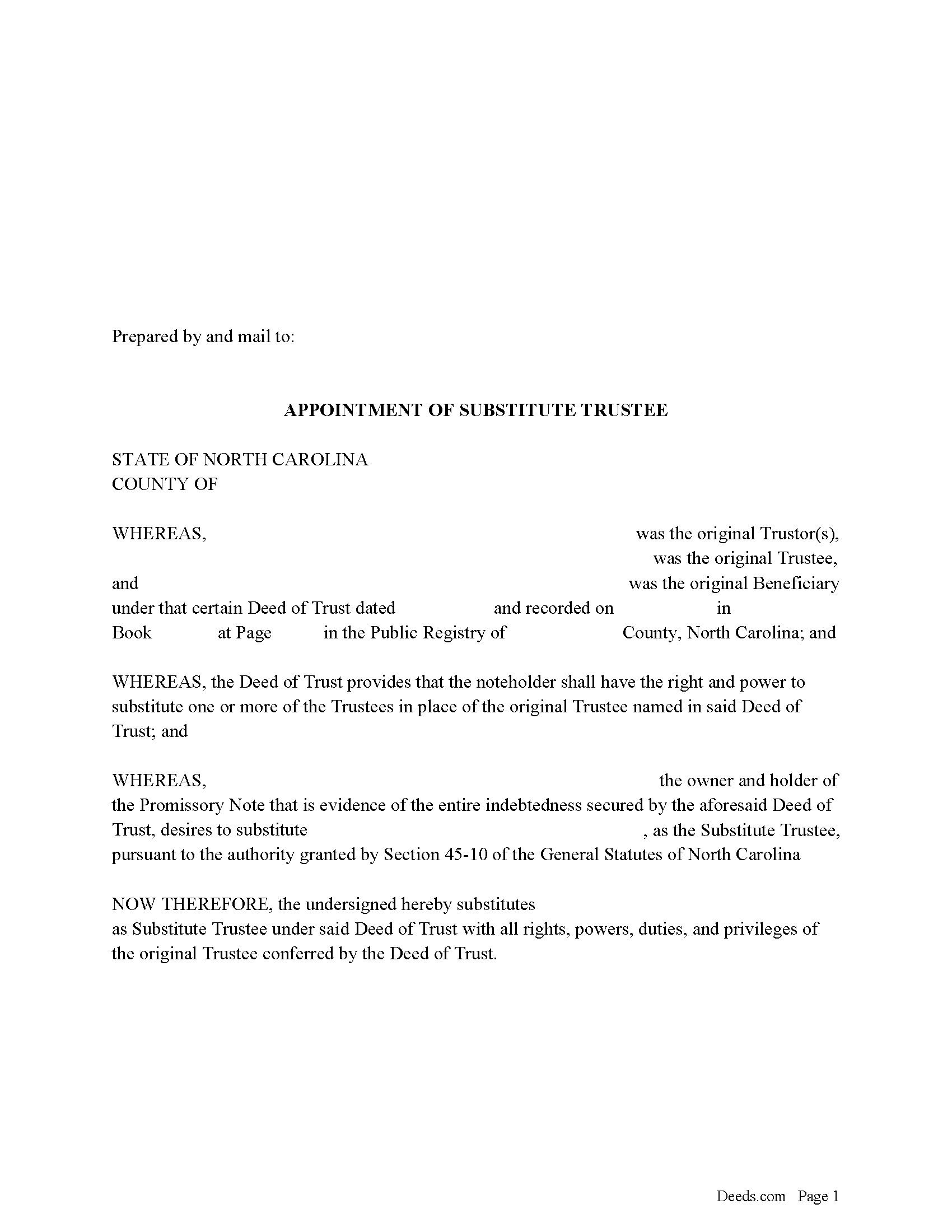 North Carolina Appointment of Substitute Trustee Image