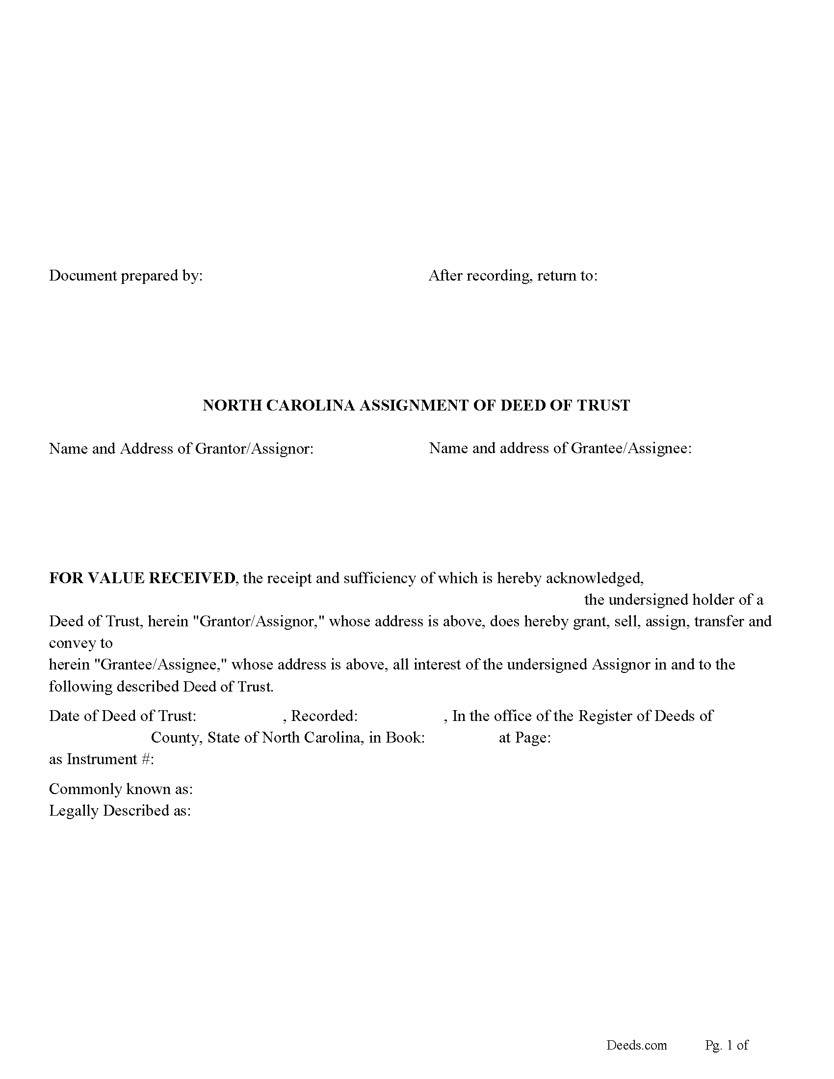 North Carolina Assignment of Deed of Trust Image