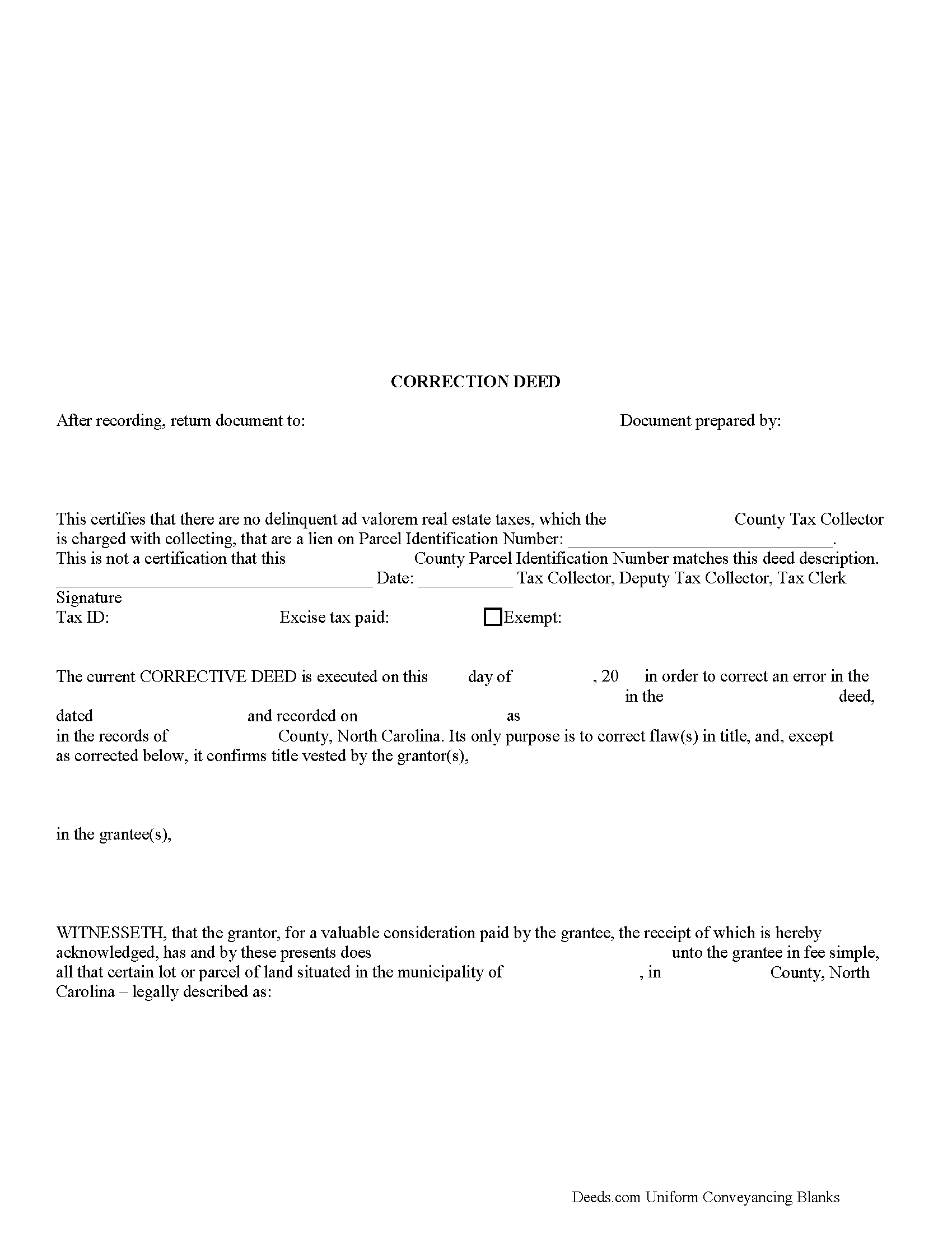 North Carolina Correction Deed Image