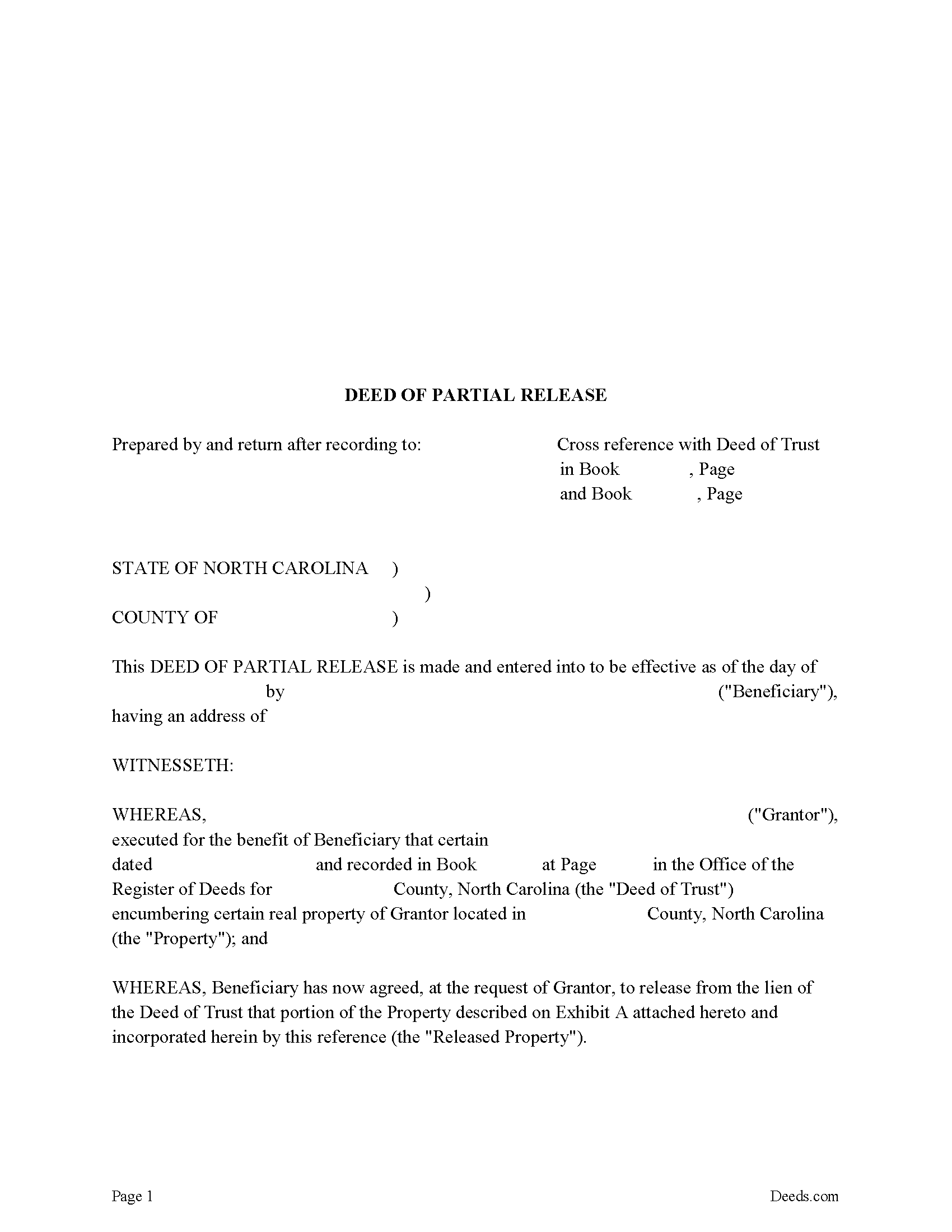 North Carolina Deed of Partial Release Image