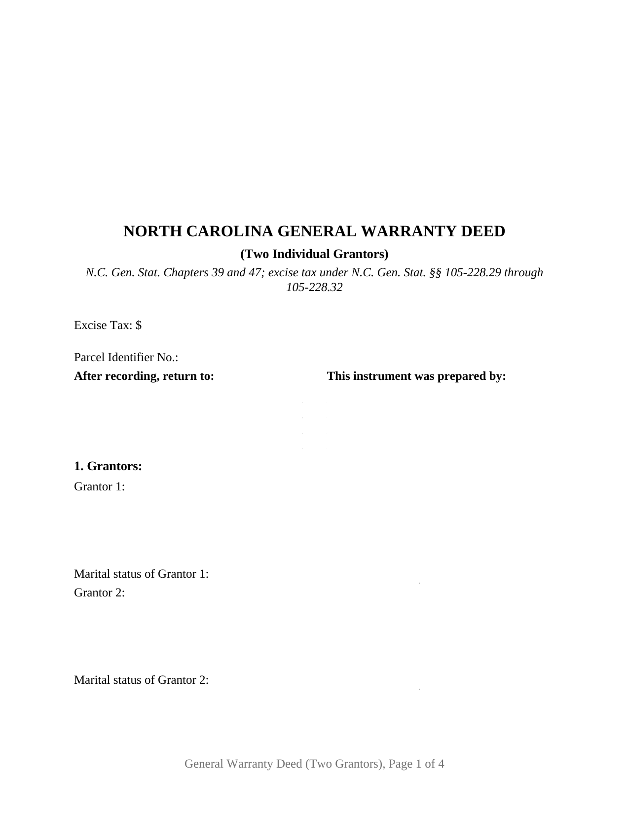 North Carolina General Warranty Deed (Two Grantors)