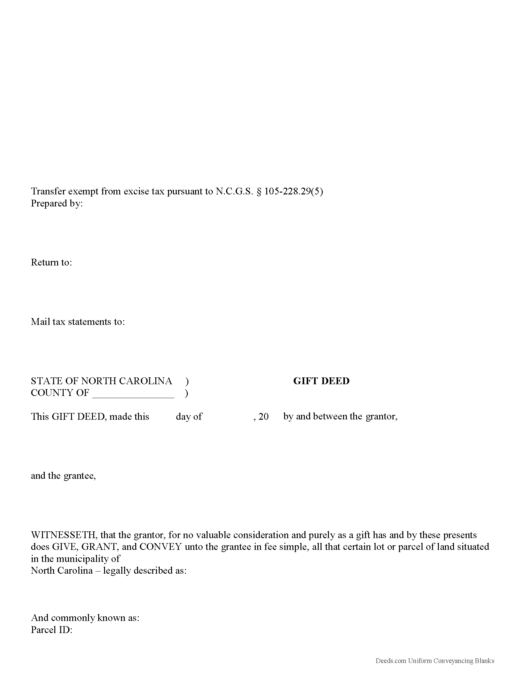 North Carolina Gift Deed Image