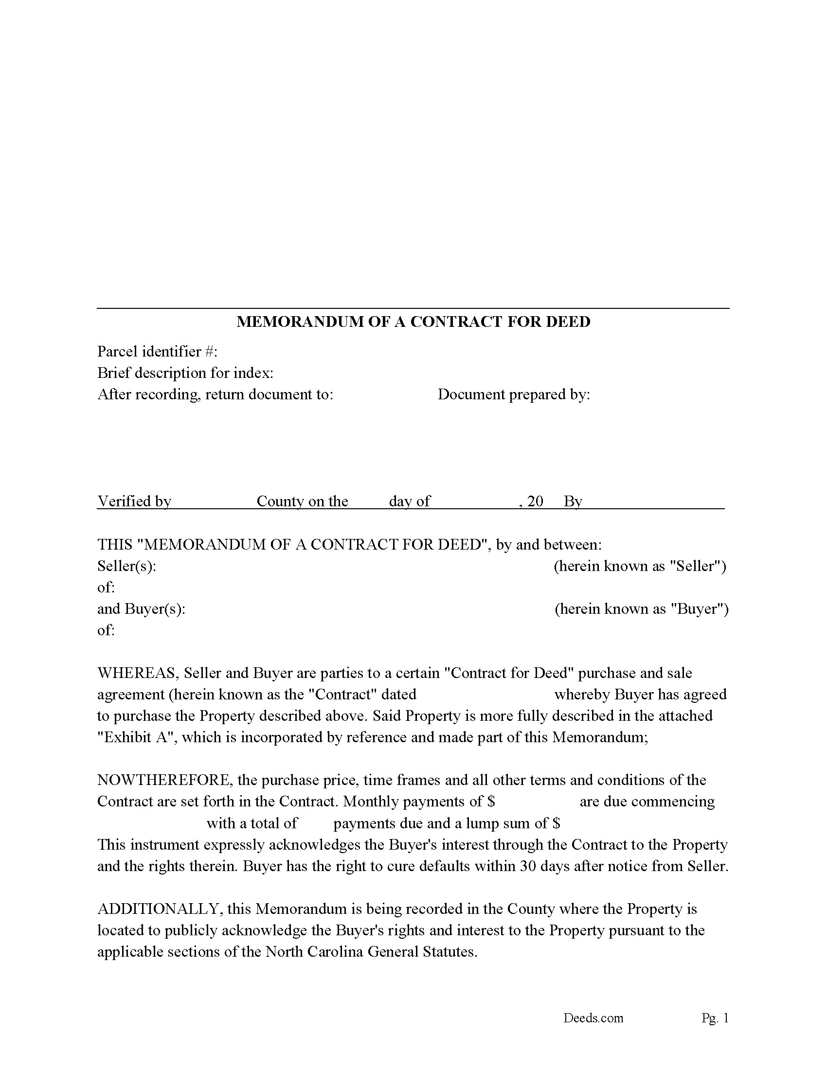 North Carolina Memorandum of a Contract for Deed Image