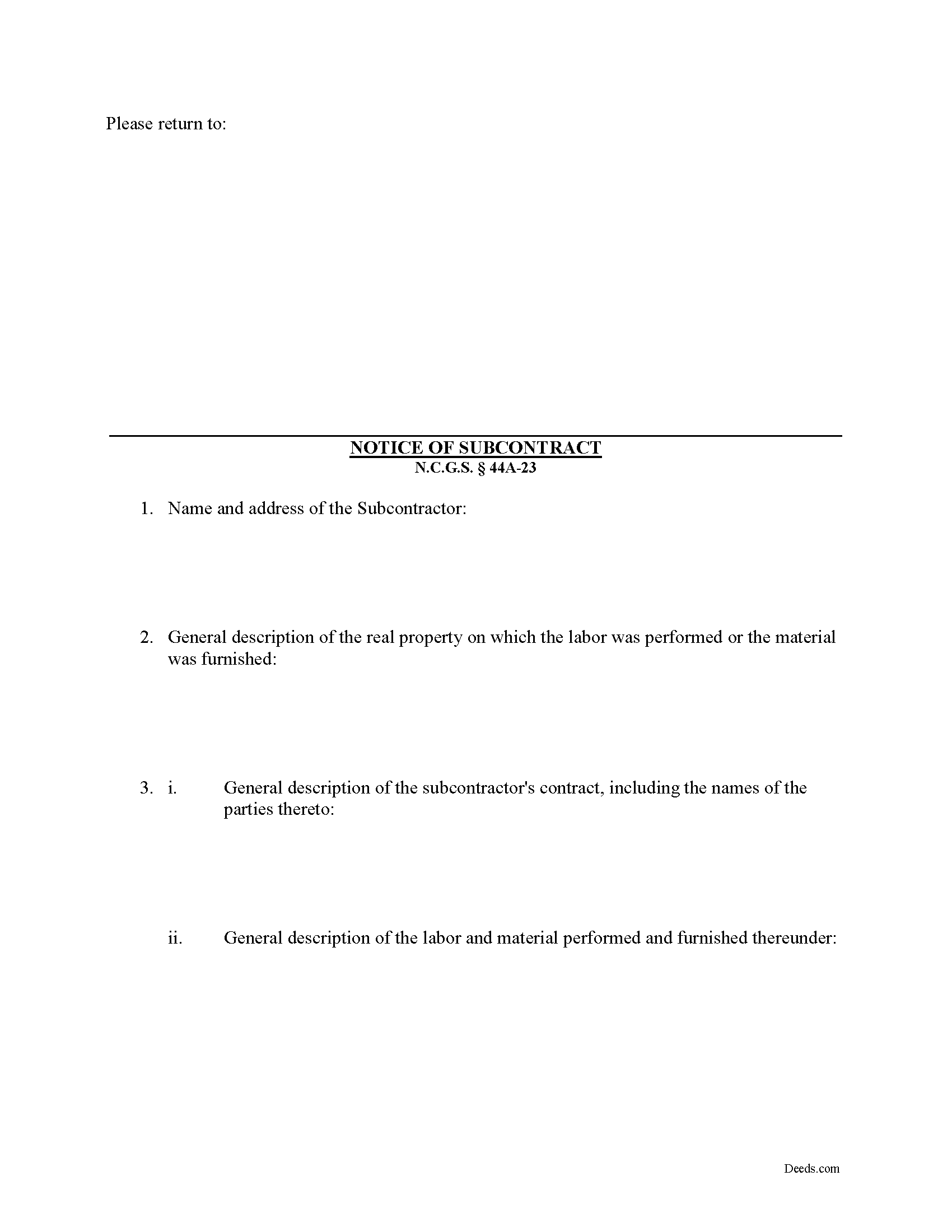 North Carolina Notice of Subcontract Image