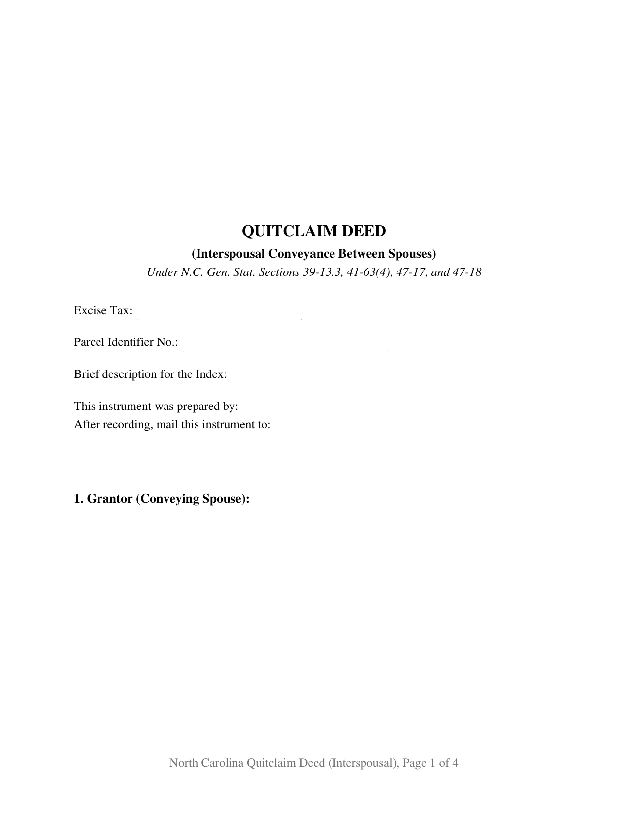 North Carolina Quitclaim Deed (Interspousal)