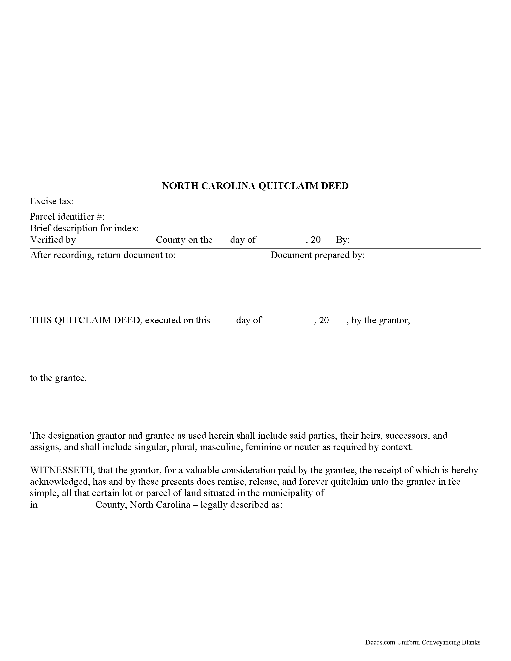 North Carolina Quitclaim Deed Image