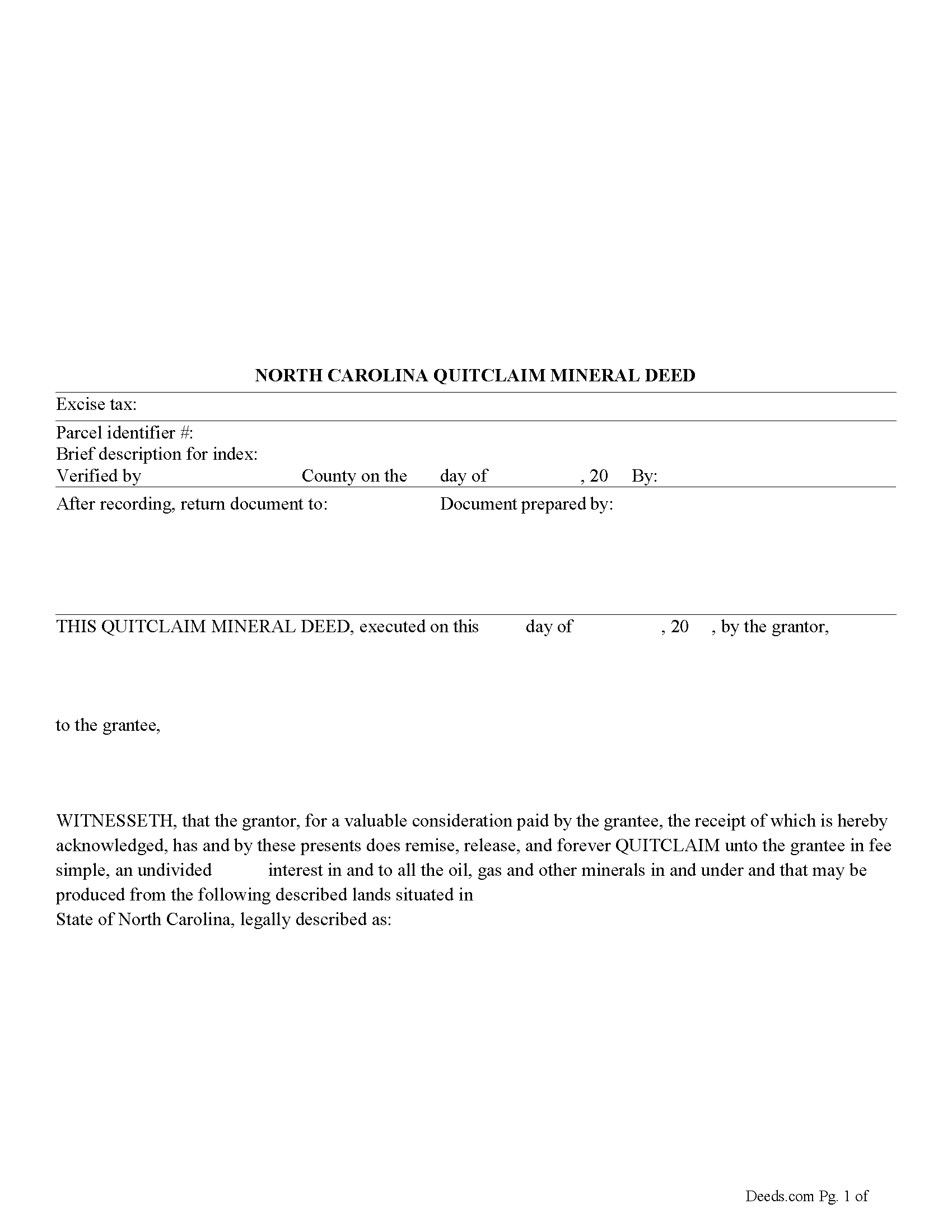 North Carolina Quitclaim Mineral Deed Image
