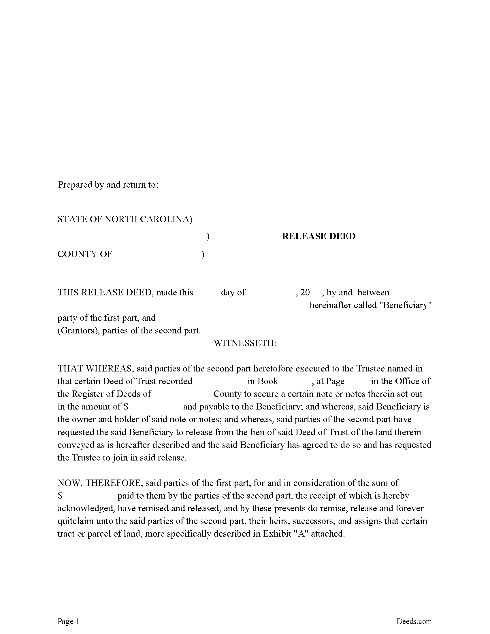 North Carolina Release Deed for Deed of Trust Image