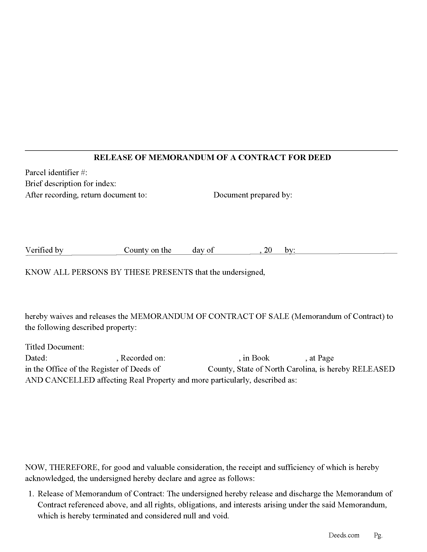 Release of a Memorandum of a Contract for Deed