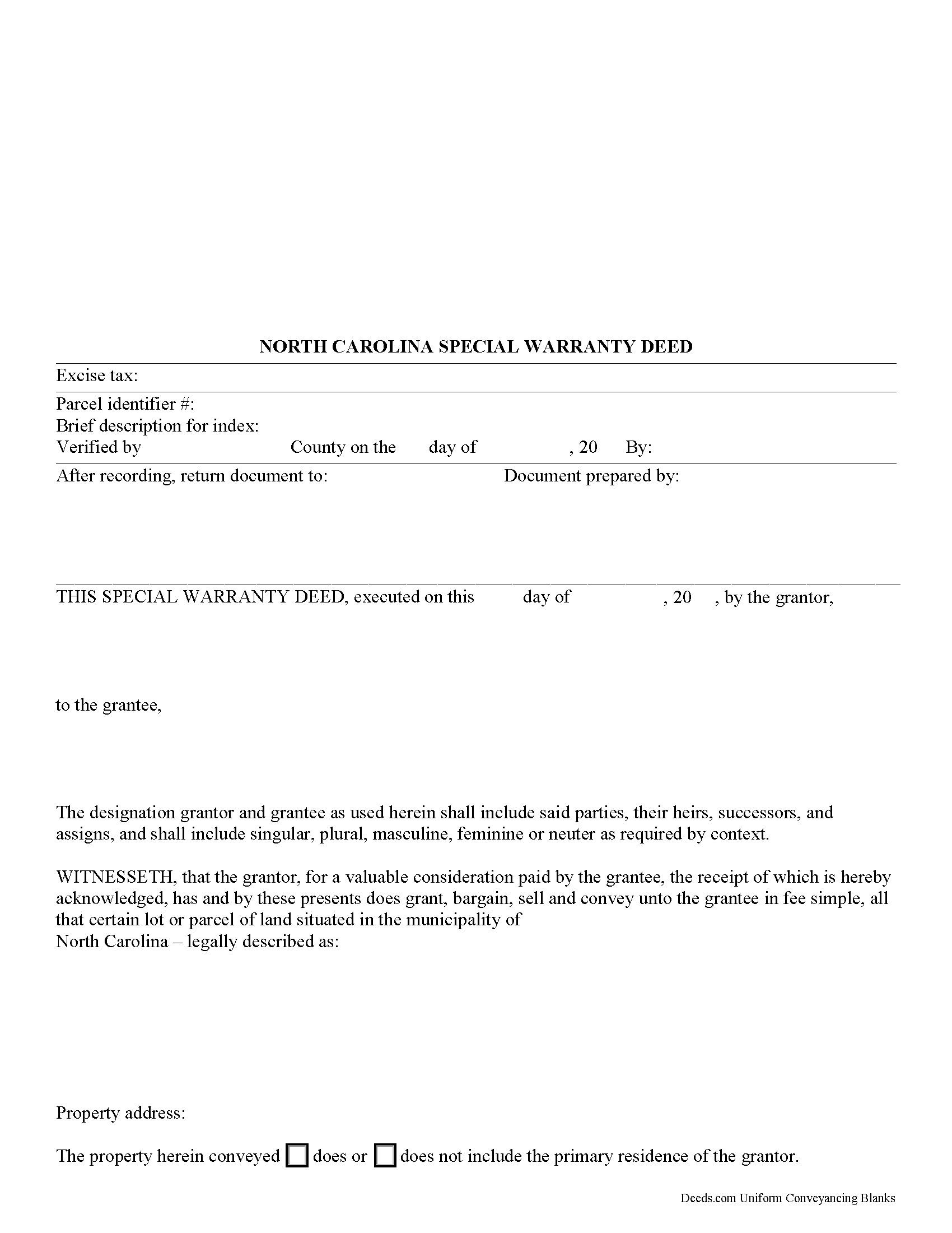 North Carolina Special Warranty Deed Image