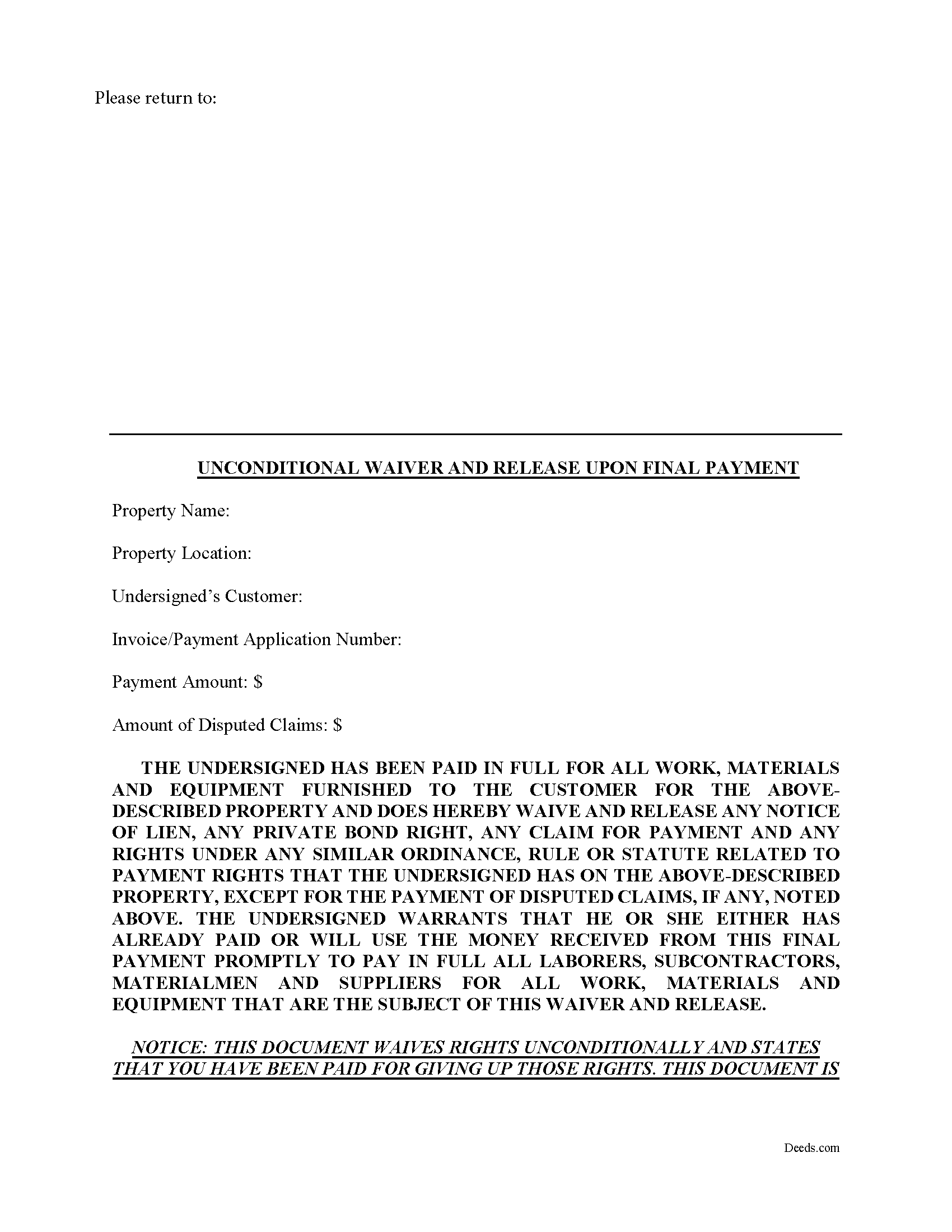 North Carolina Unconditional Waiver on Final Payment Image