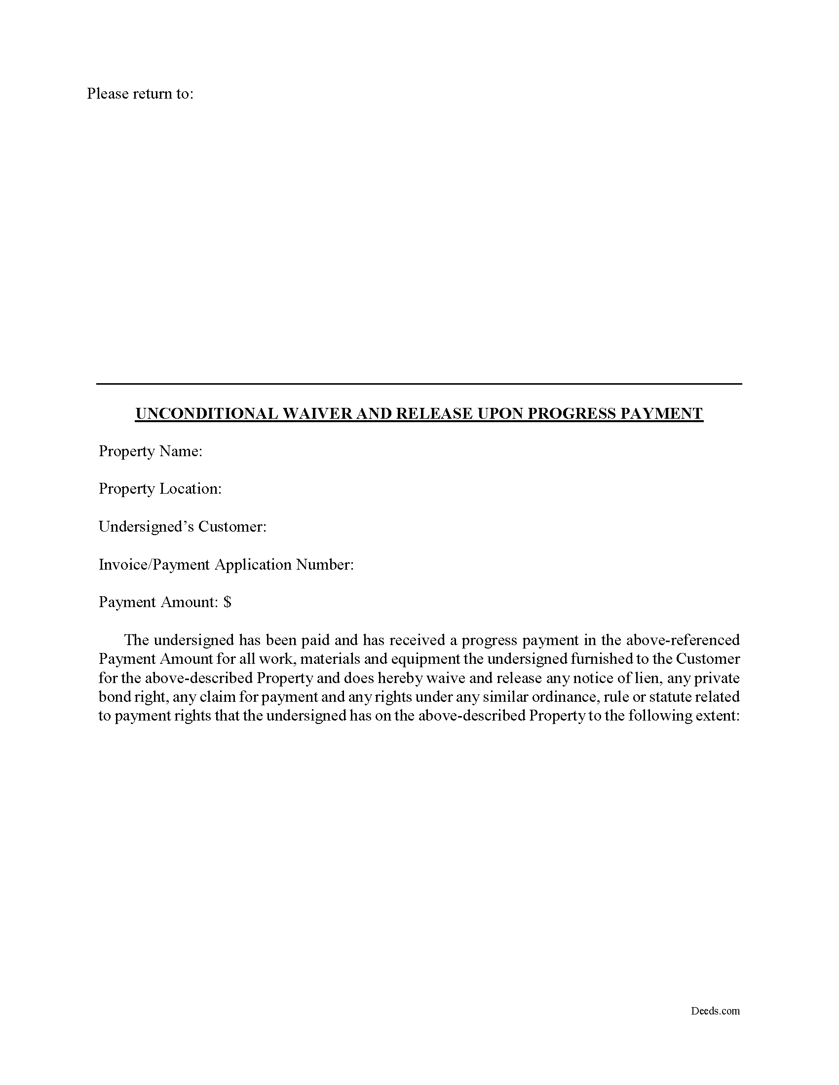North Carolina Unconditional Waiver on Progress Payment Image