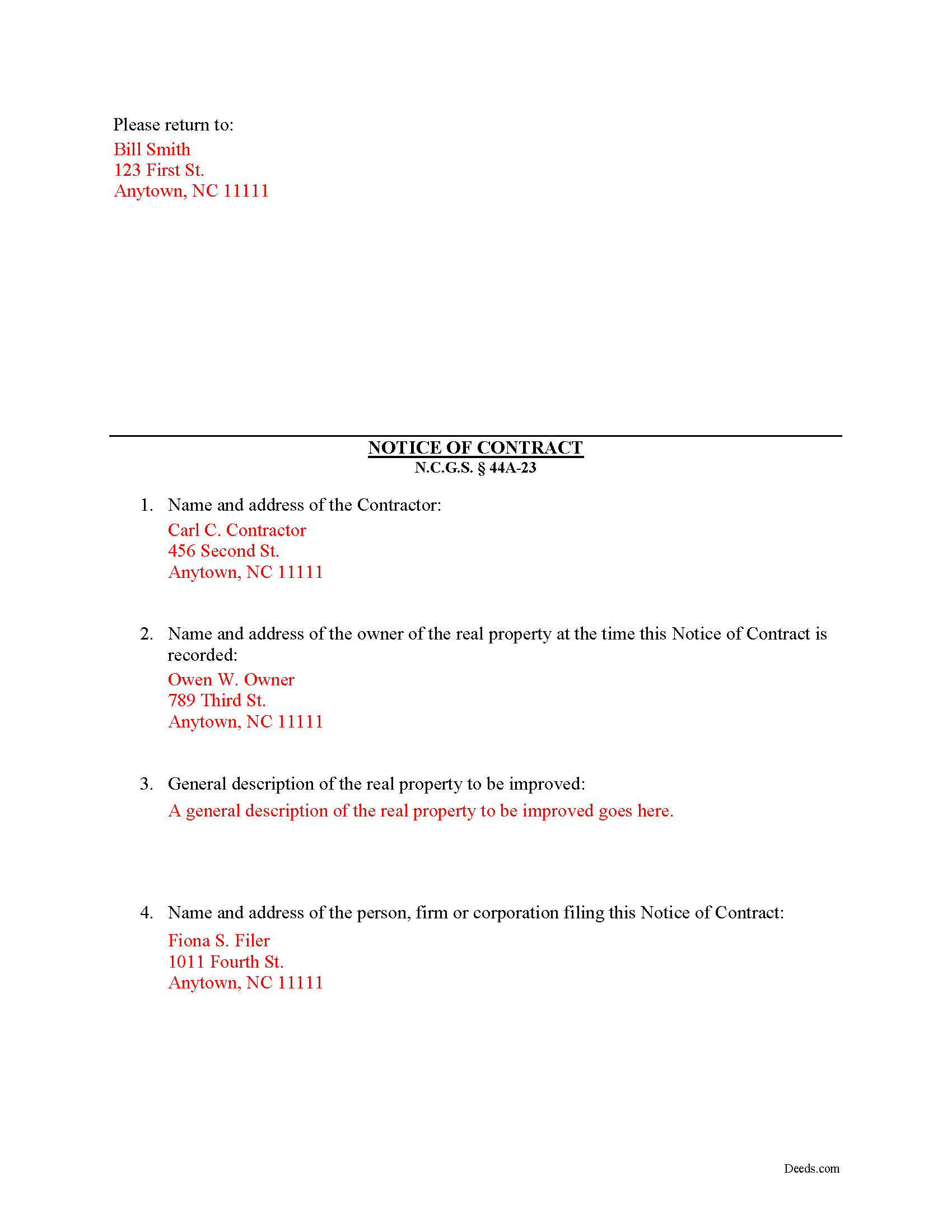 Completed Example of the Notice of Contract Document