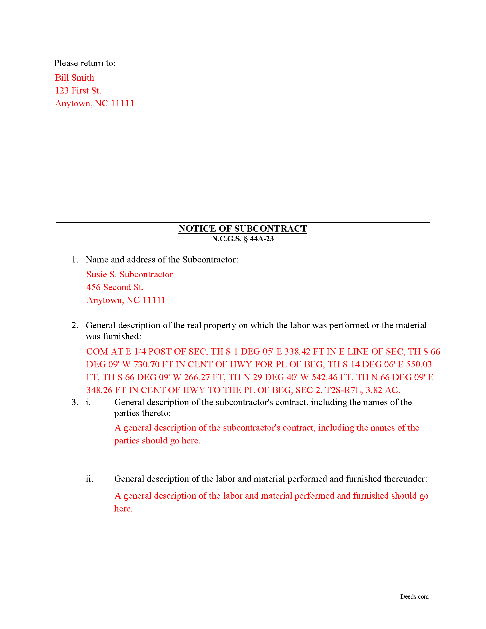 Completed Example of the Notice of Subcontract Document