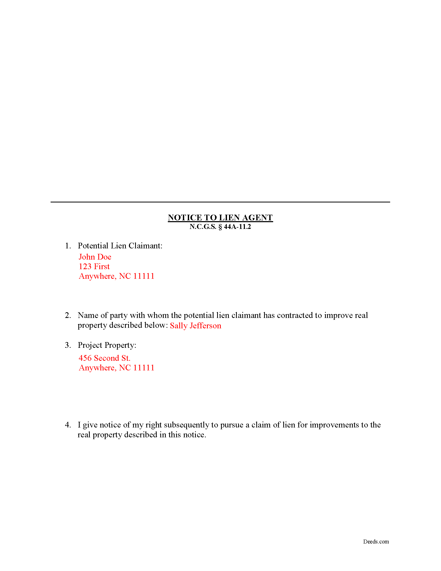 Completed Example of the Notice of Lien Agent Document