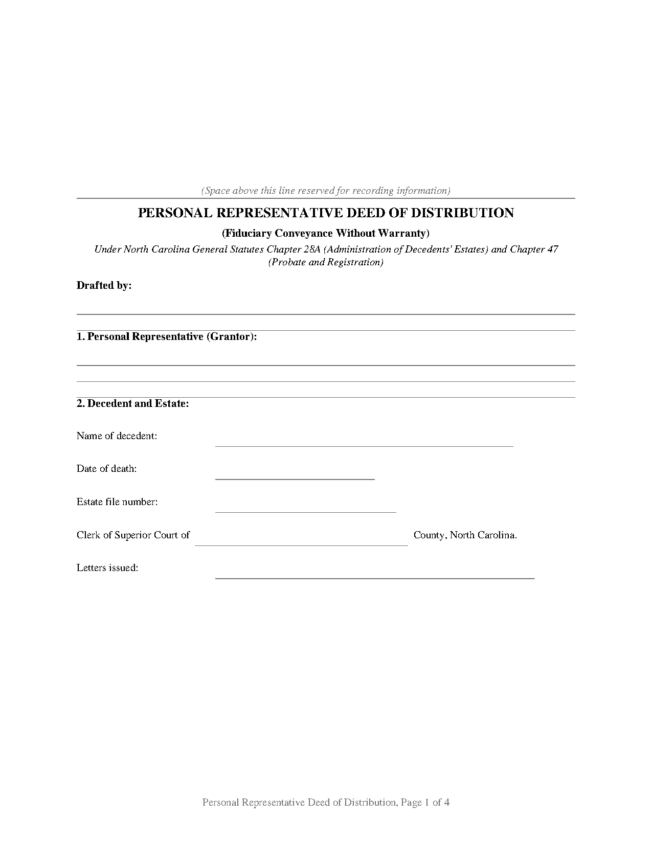 Sampson County Personal Representative Deed of Distribution Form